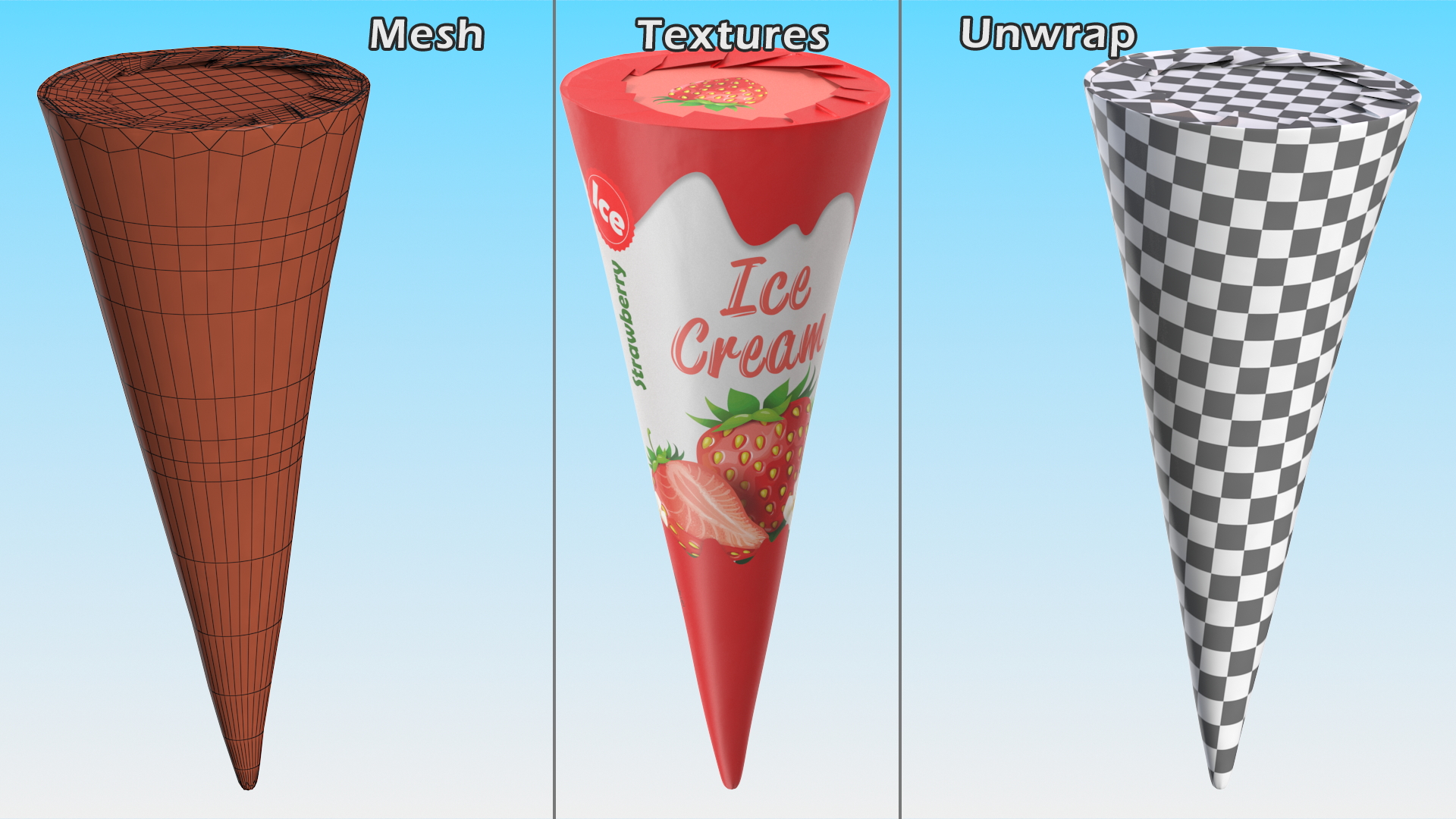 3D model Cone Ice Cream Package Mockup Strawberry