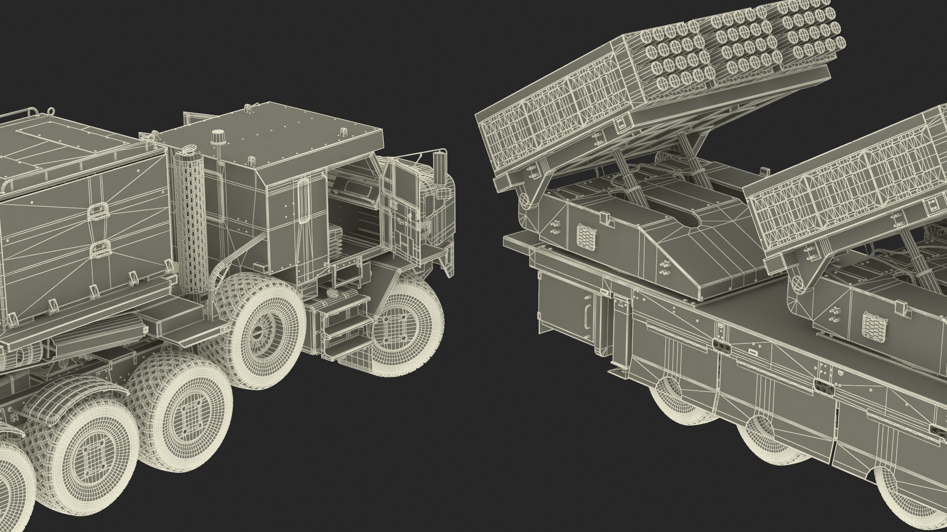 Rocket Launch System Jobaria with Oshkosh Transporter Sand Rigged for Maya 3D model