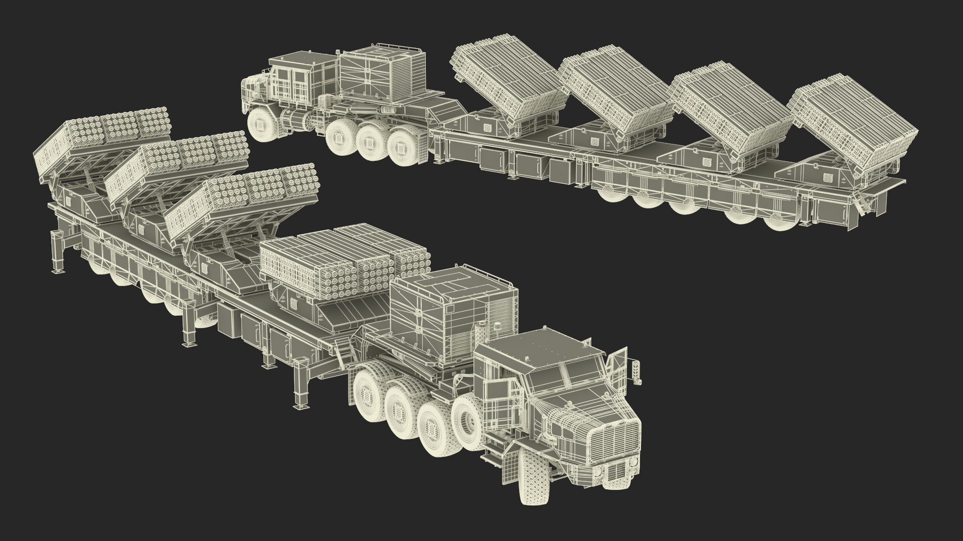 Rocket Launch System Jobaria with Oshkosh Transporter Sand Rigged for Maya 3D model