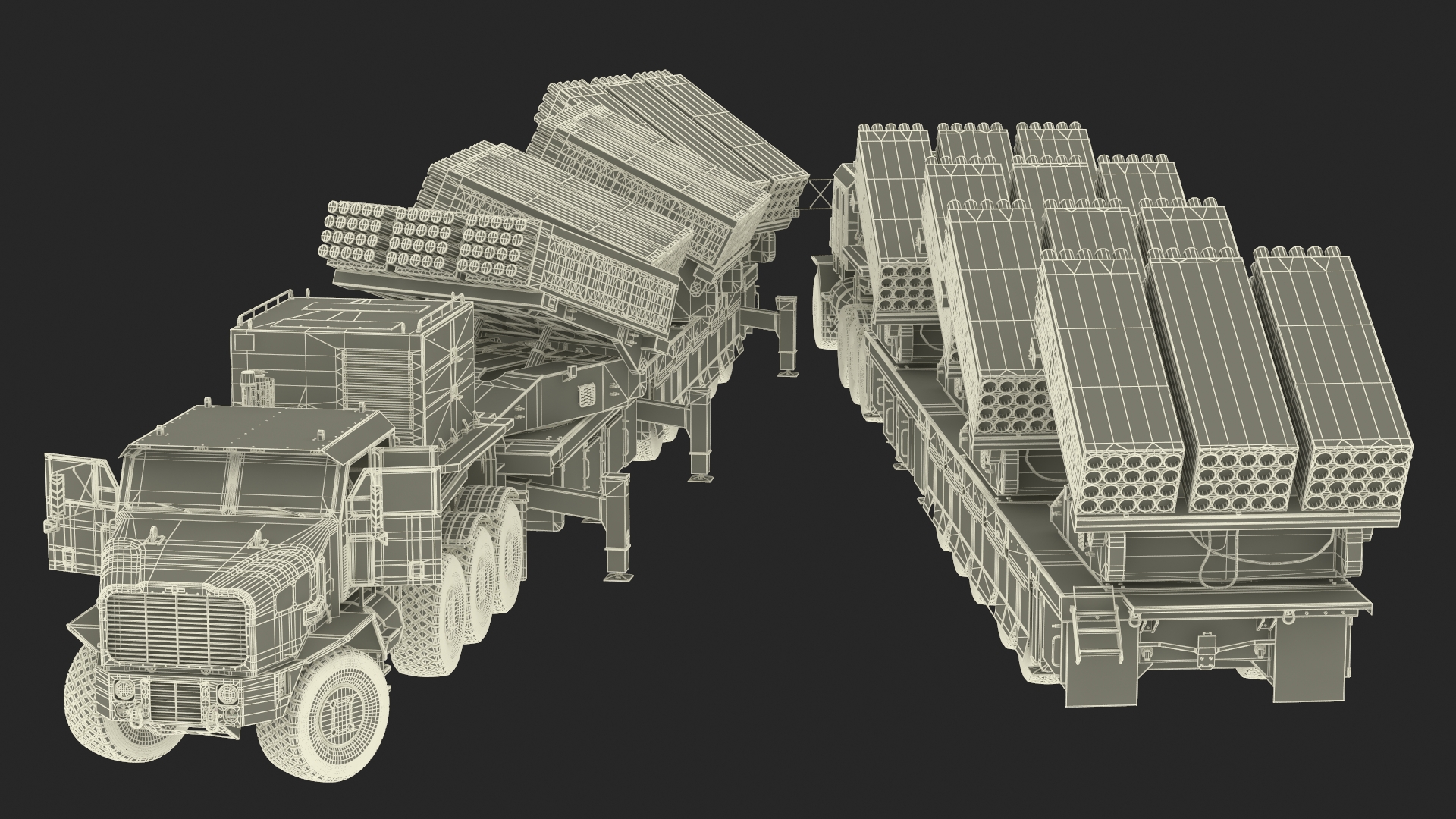 Rocket Launch System Jobaria with Oshkosh Transporter Sand Rigged for Maya 3D model