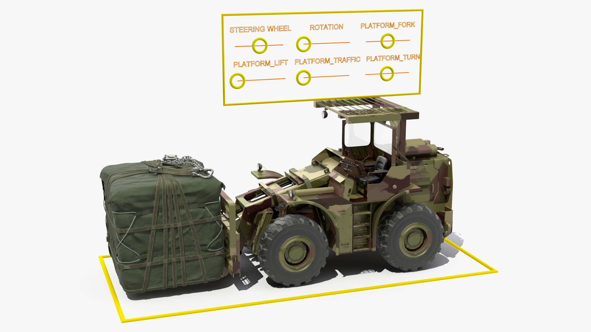 Pettibone Rough Terrain Military Forklift with Cargo Rigged 3D model