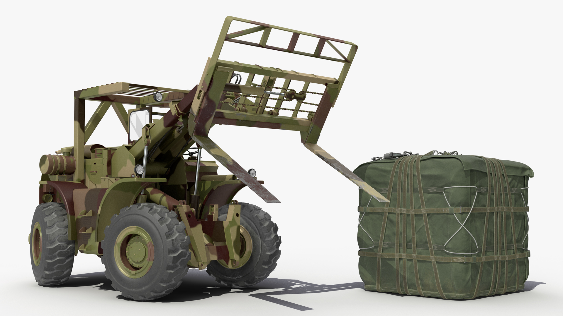 Pettibone Rough Terrain Military Forklift with Cargo Rigged 3D model