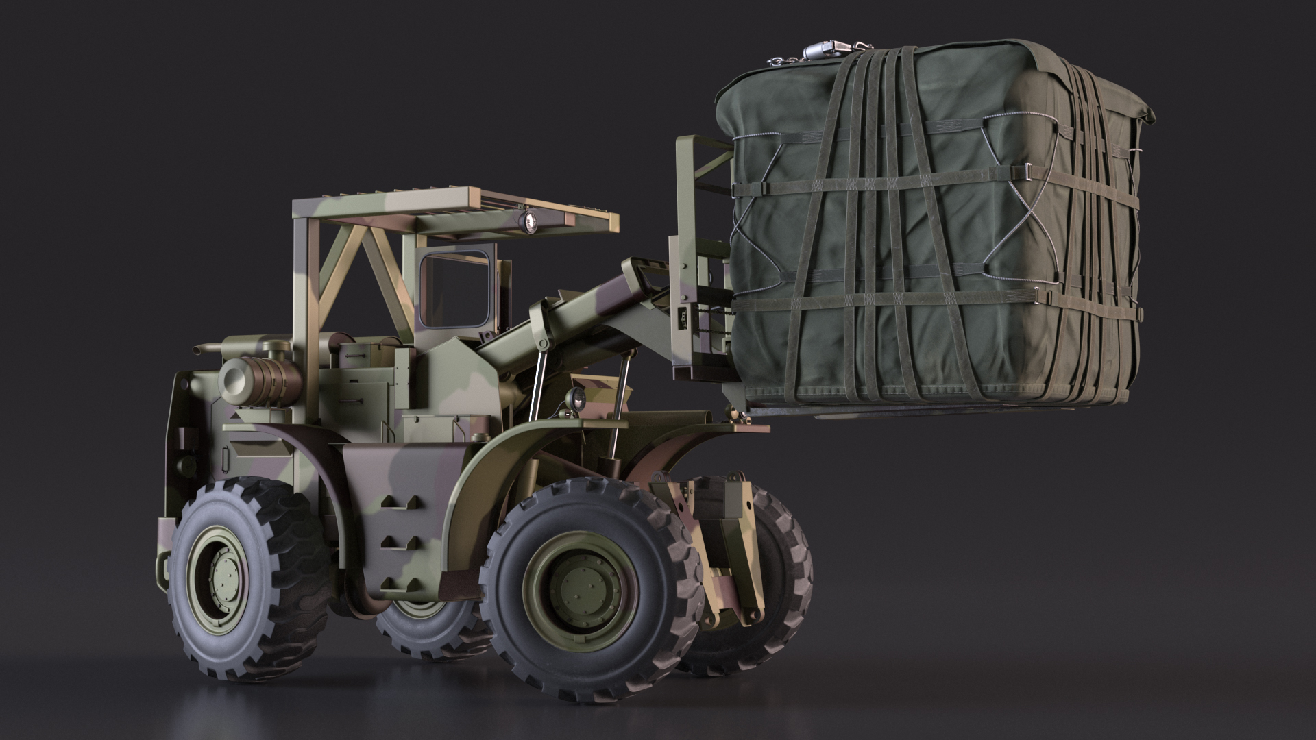 Pettibone Rough Terrain Military Forklift with Cargo Rigged 3D model