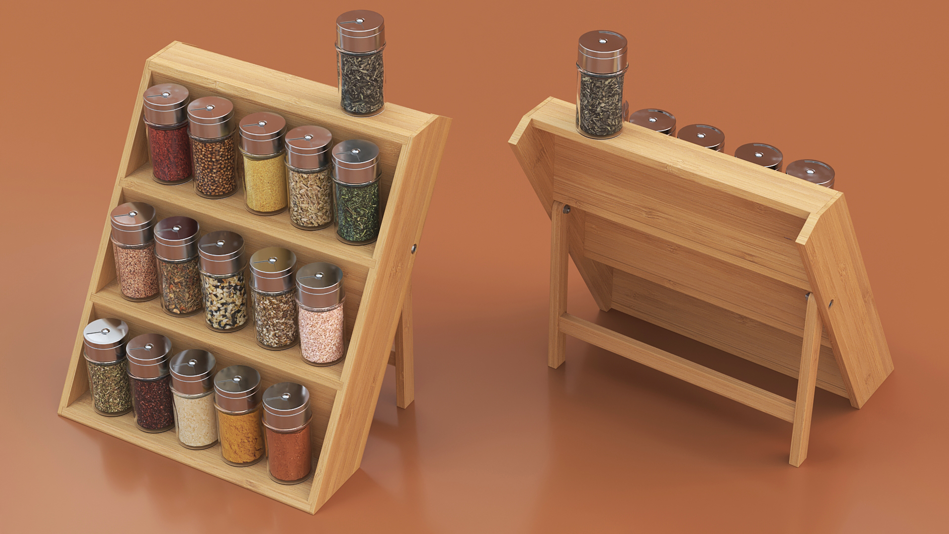 Wooden Spice Rack with Jars 3D