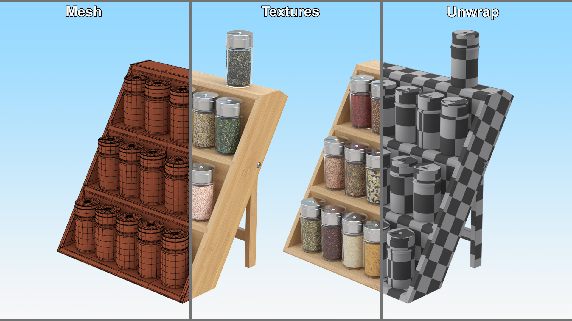 Wooden Spice Rack with Jars 3D