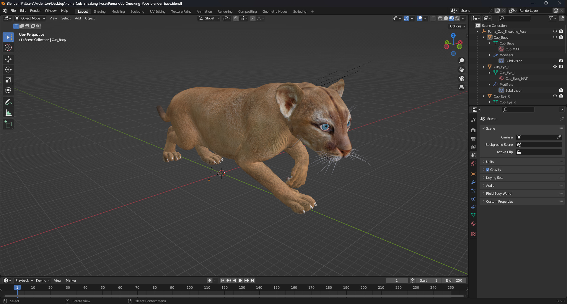 Puma Cub Sneaking Pose 3D