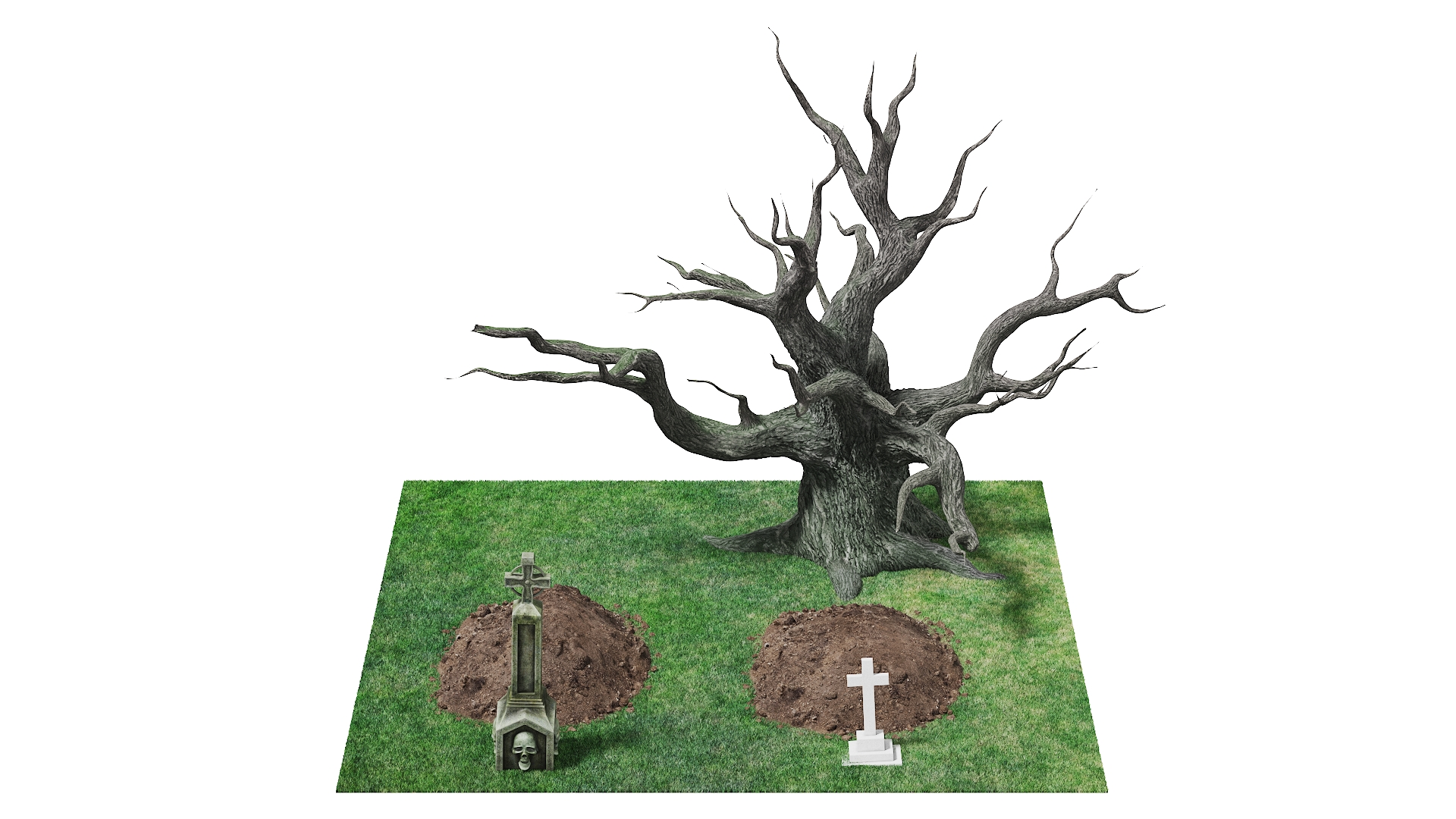 Cemetery Scene with Bare Tree and Graves Fur 3D model