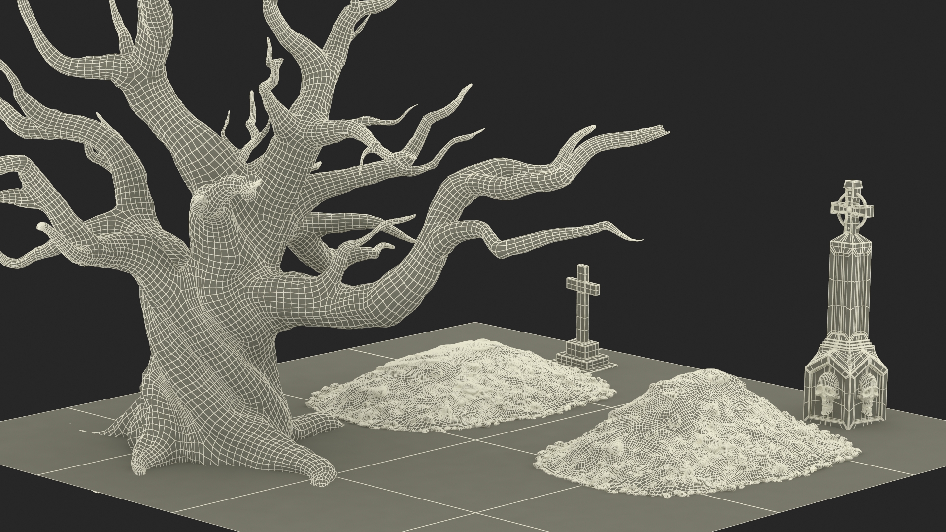 Cemetery Scene with Bare Tree and Graves Fur 3D model