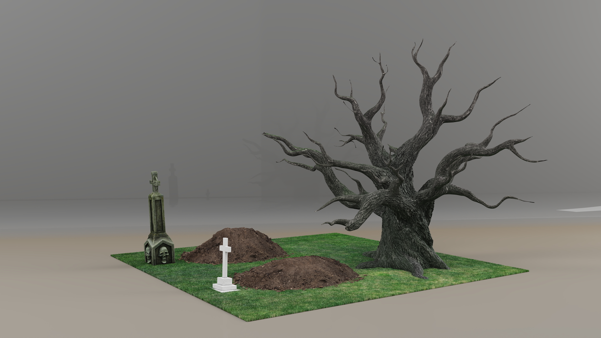 Cemetery Scene with Bare Tree and Graves Fur 3D model