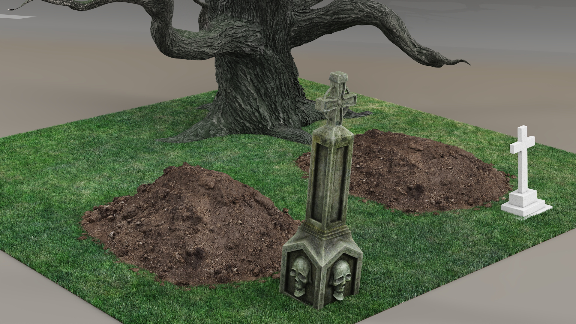 Cemetery Scene with Bare Tree and Graves Fur 3D model