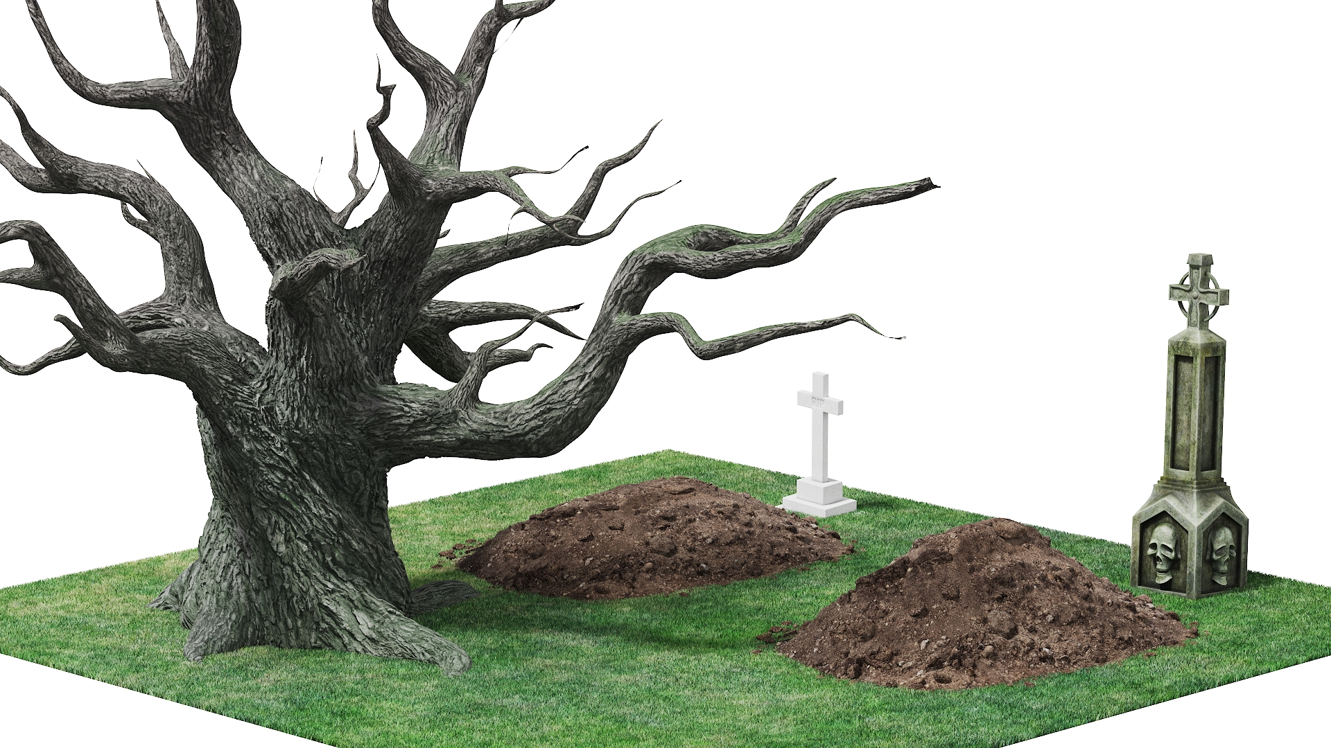 Cemetery Scene with Bare Tree and Graves Fur 3D model