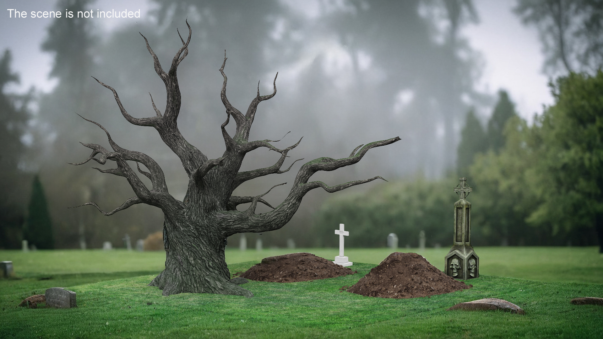 Cemetery Scene with Bare Tree and Graves Fur 3D model