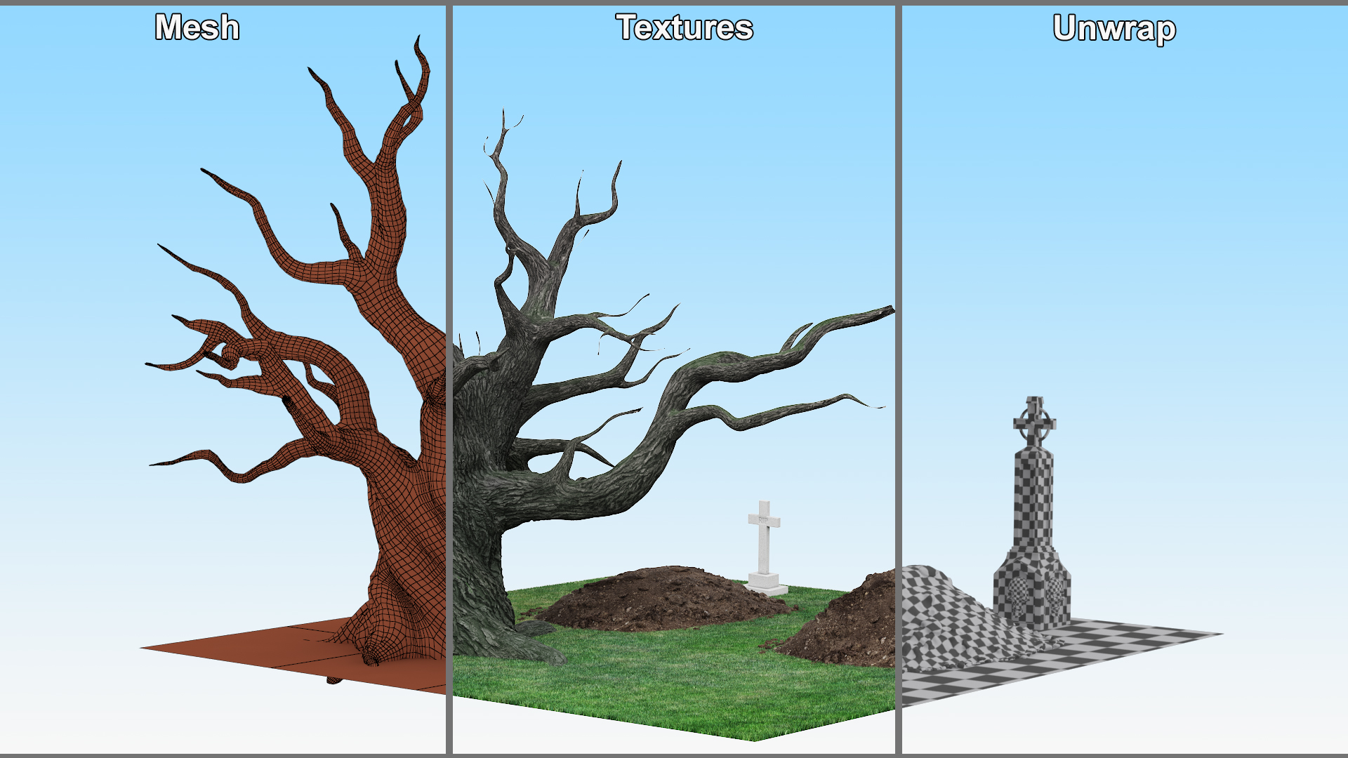 Cemetery Scene with Bare Tree and Graves Fur 3D model