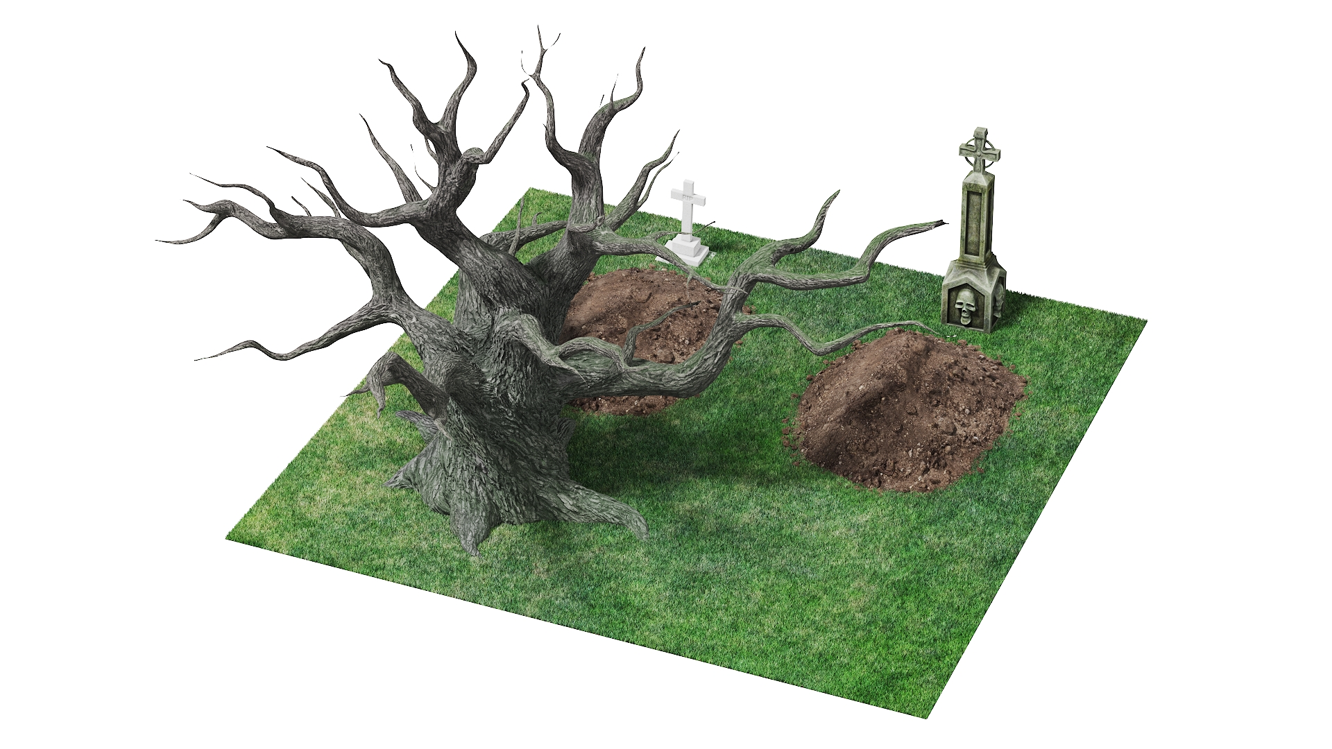 Cemetery Scene with Bare Tree and Graves Fur 3D model