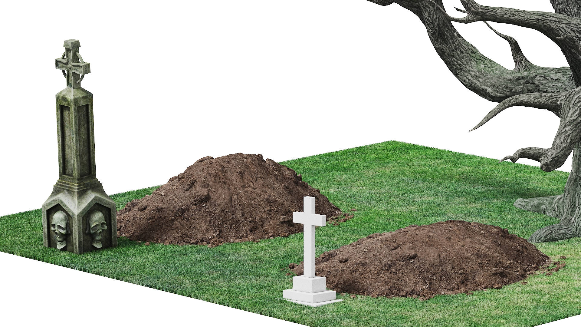 Cemetery Scene with Bare Tree and Graves Fur 3D model