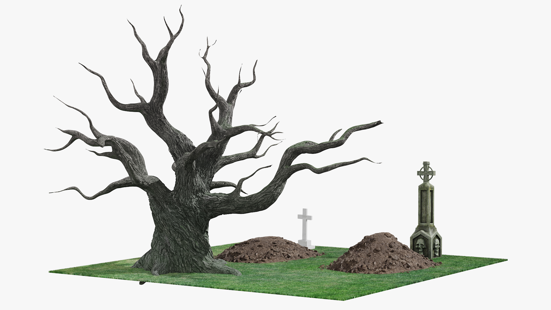 Cemetery Scene with Bare Tree and Graves Fur 3D model