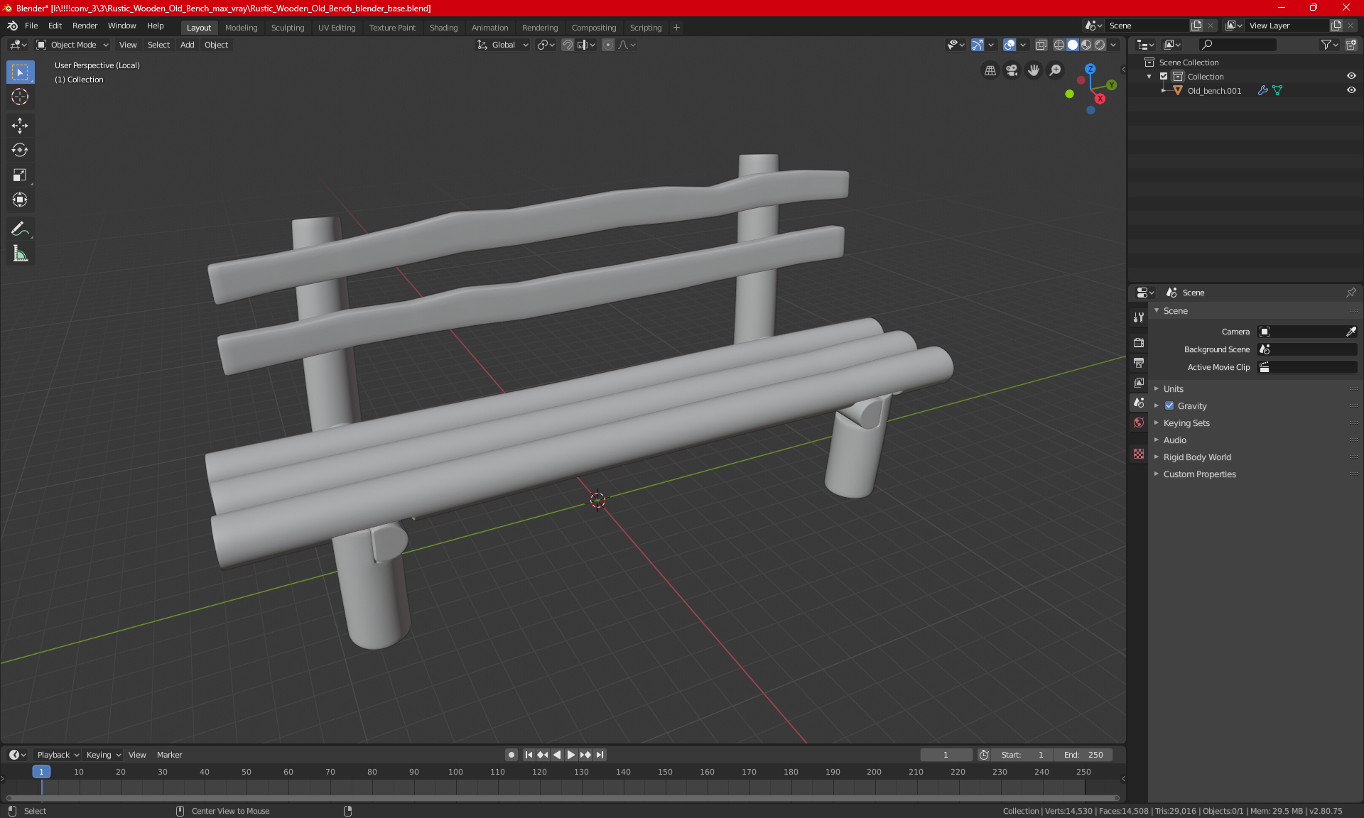 3D Rustic Wooden Old Bench model