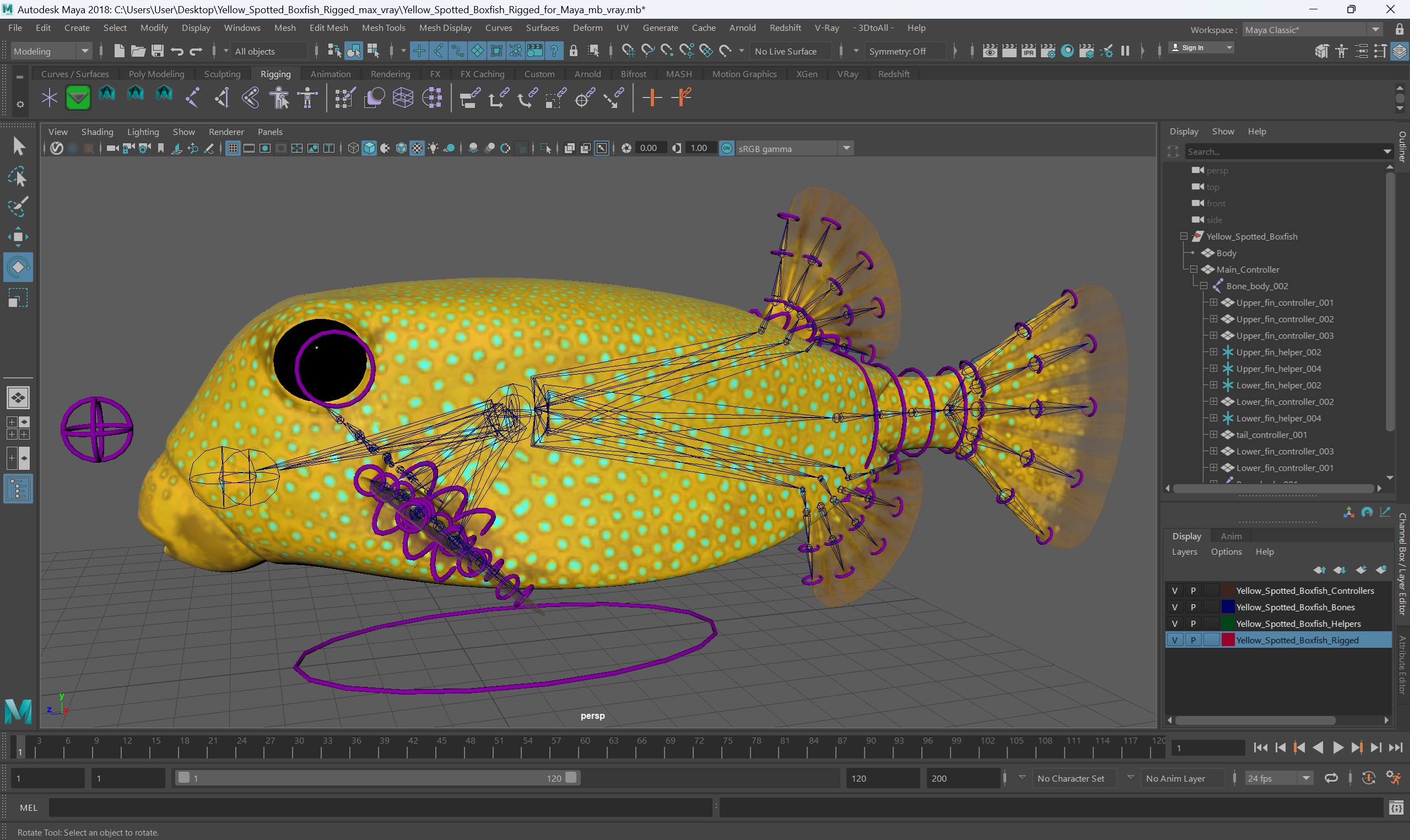 3D Yellow Spotted Boxfish Rigged for Maya model