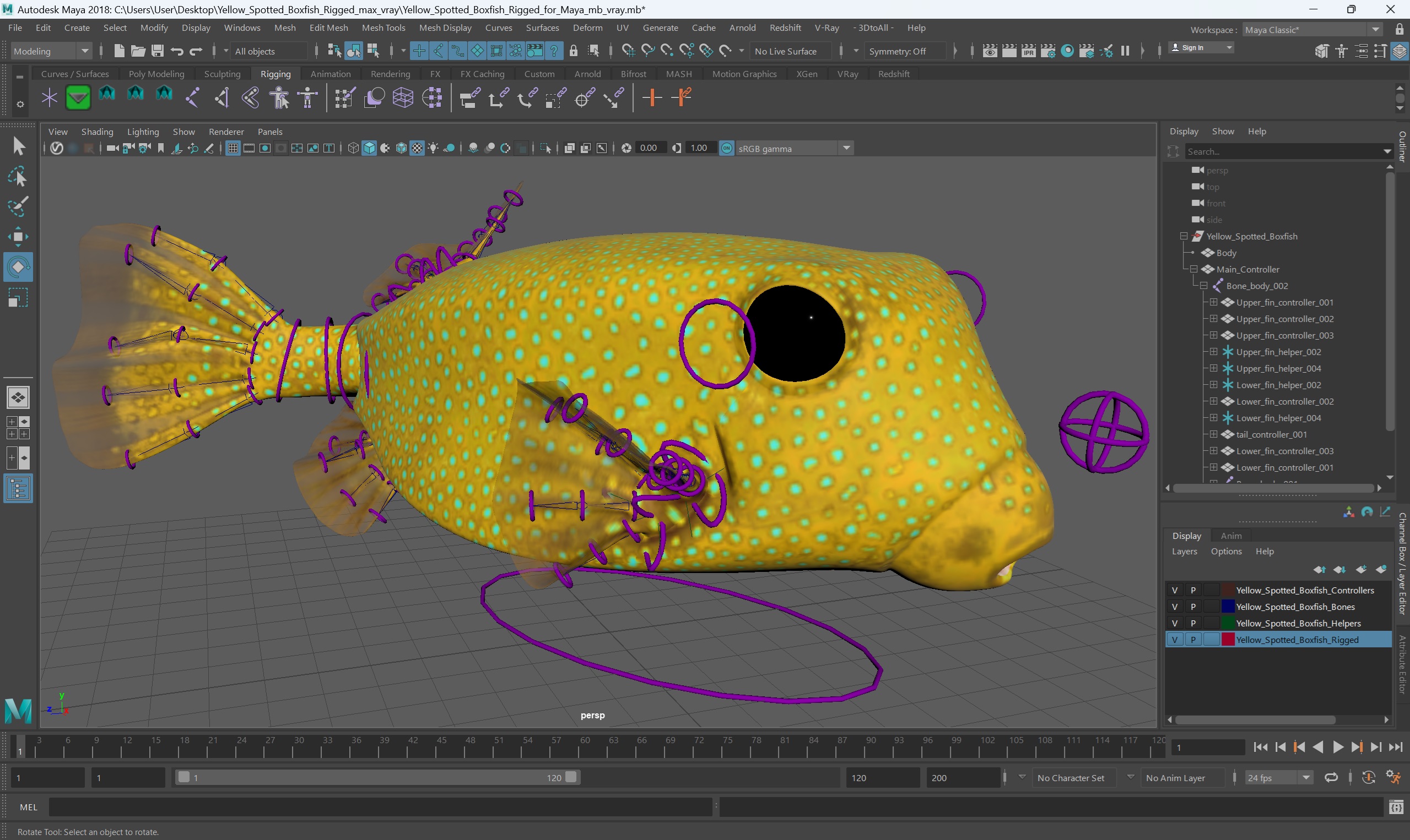 3D Yellow Spotted Boxfish Rigged for Maya model