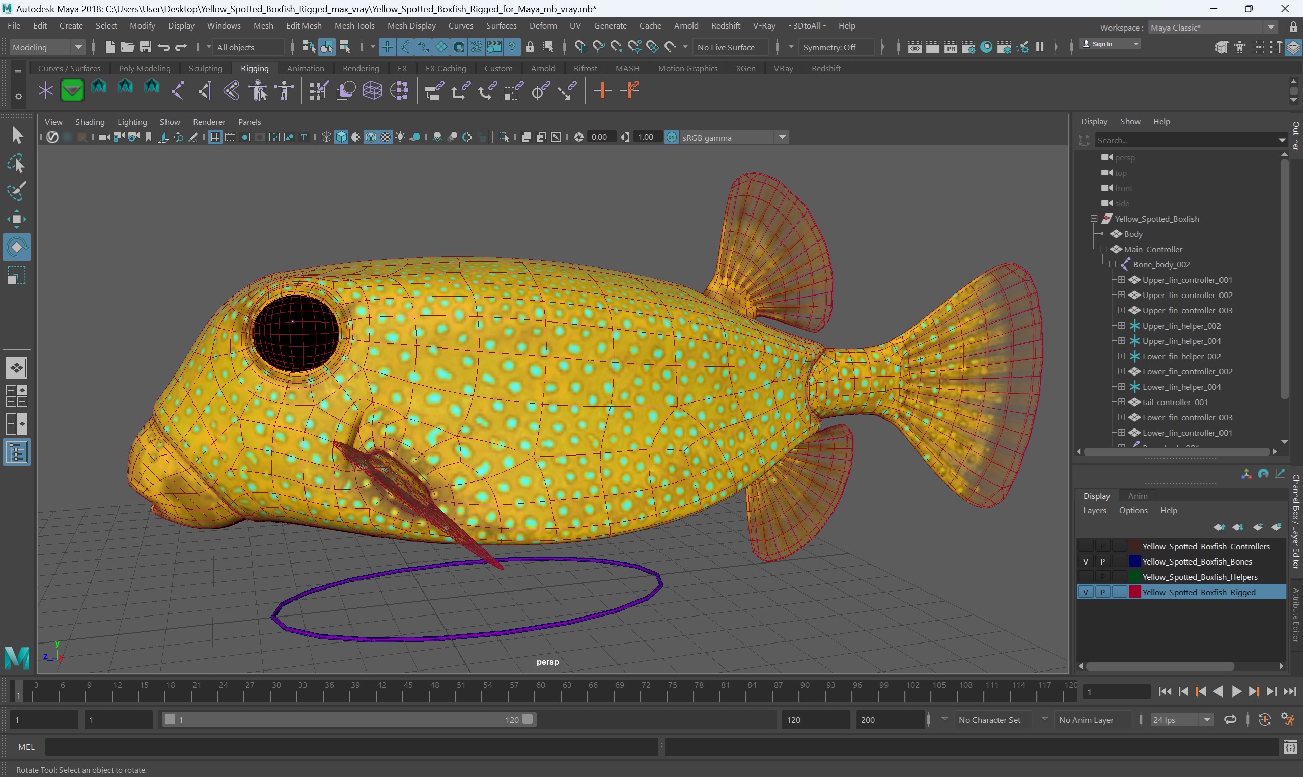 3D Yellow Spotted Boxfish Rigged for Maya model