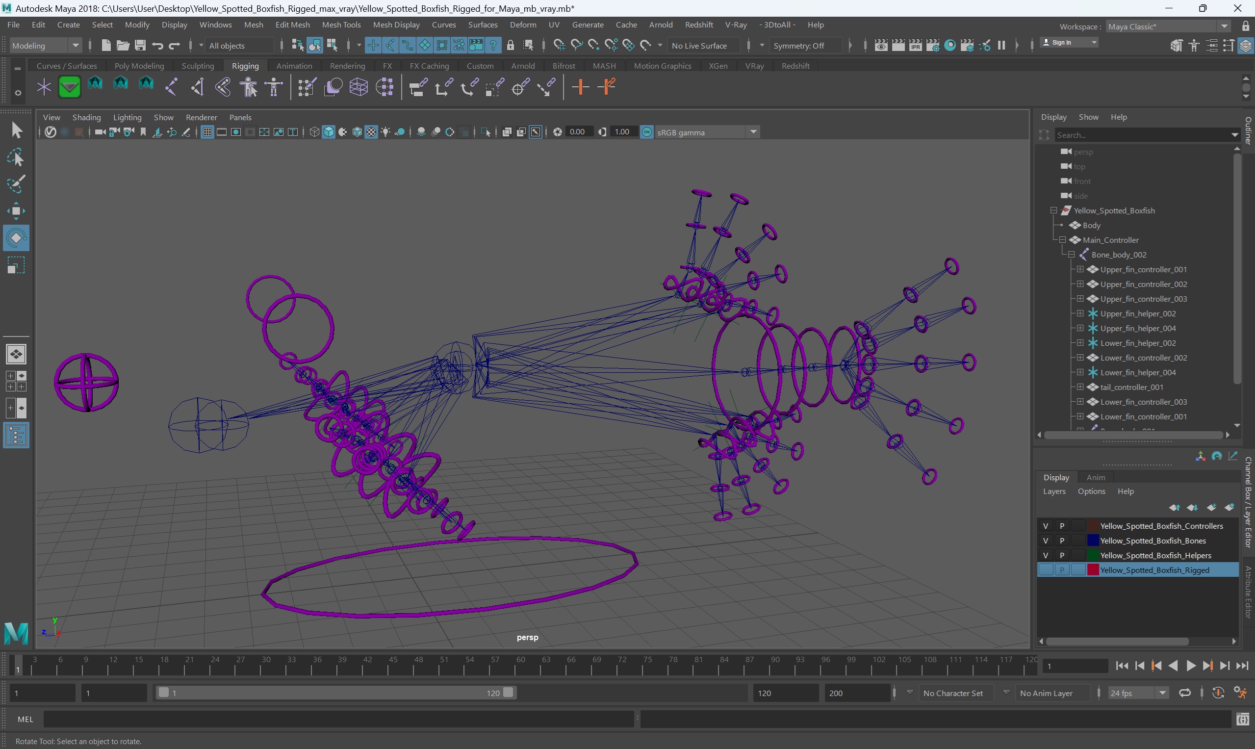 3D Yellow Spotted Boxfish Rigged for Maya model