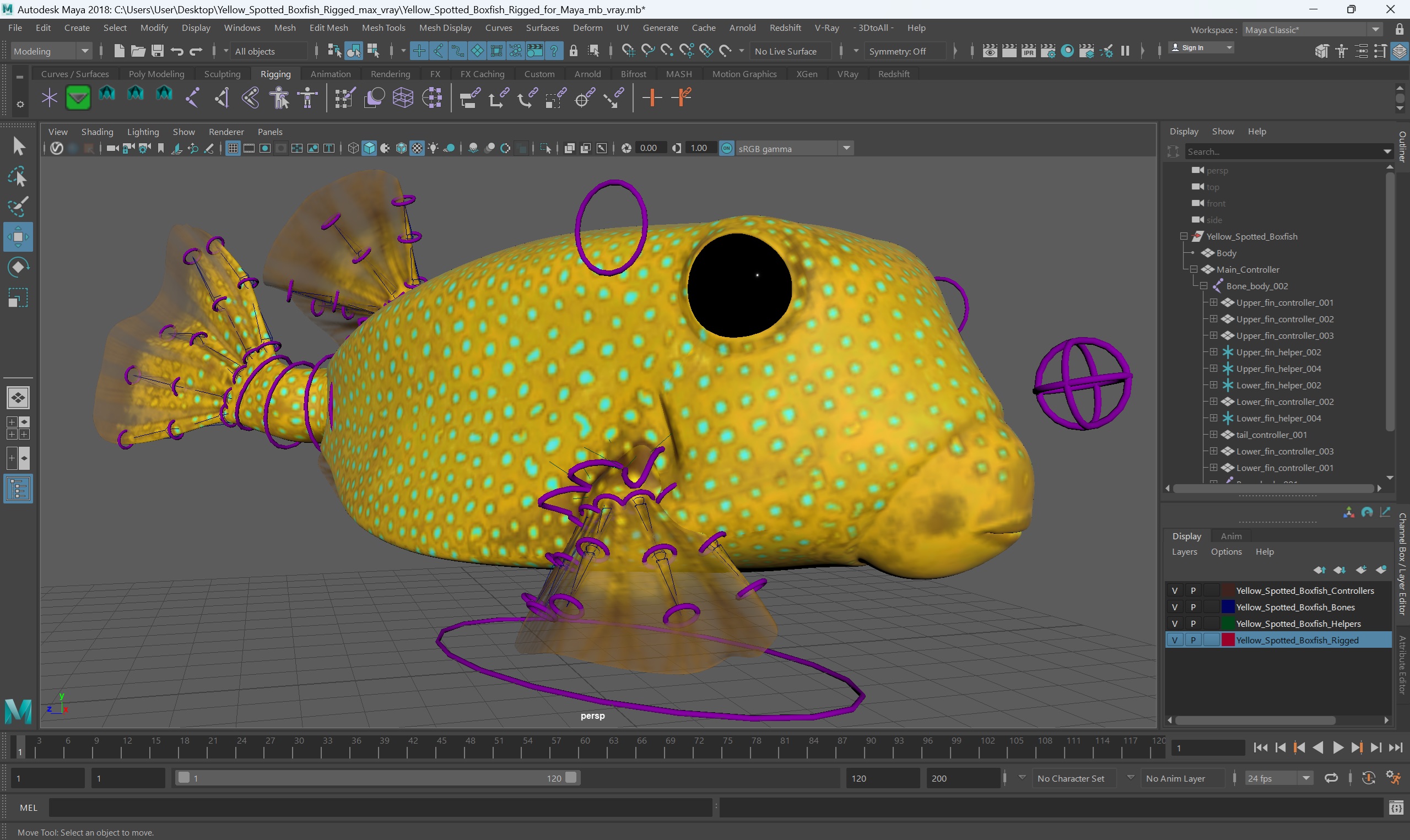 3D Yellow Spotted Boxfish Rigged for Maya model