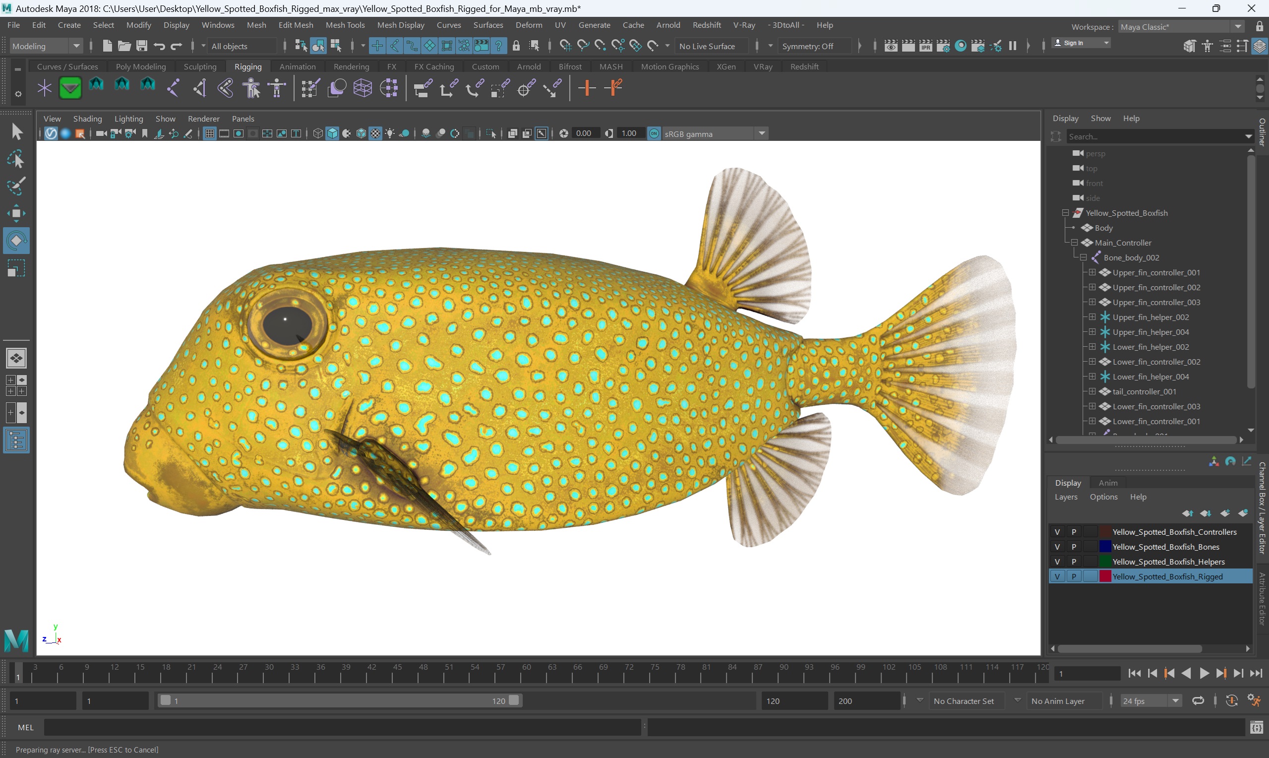 3D Yellow Spotted Boxfish Rigged for Maya model