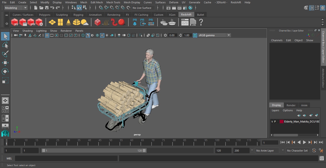 3D Elderly Man Makita DCU180ZF Electric Wheelbarrow with Wood model