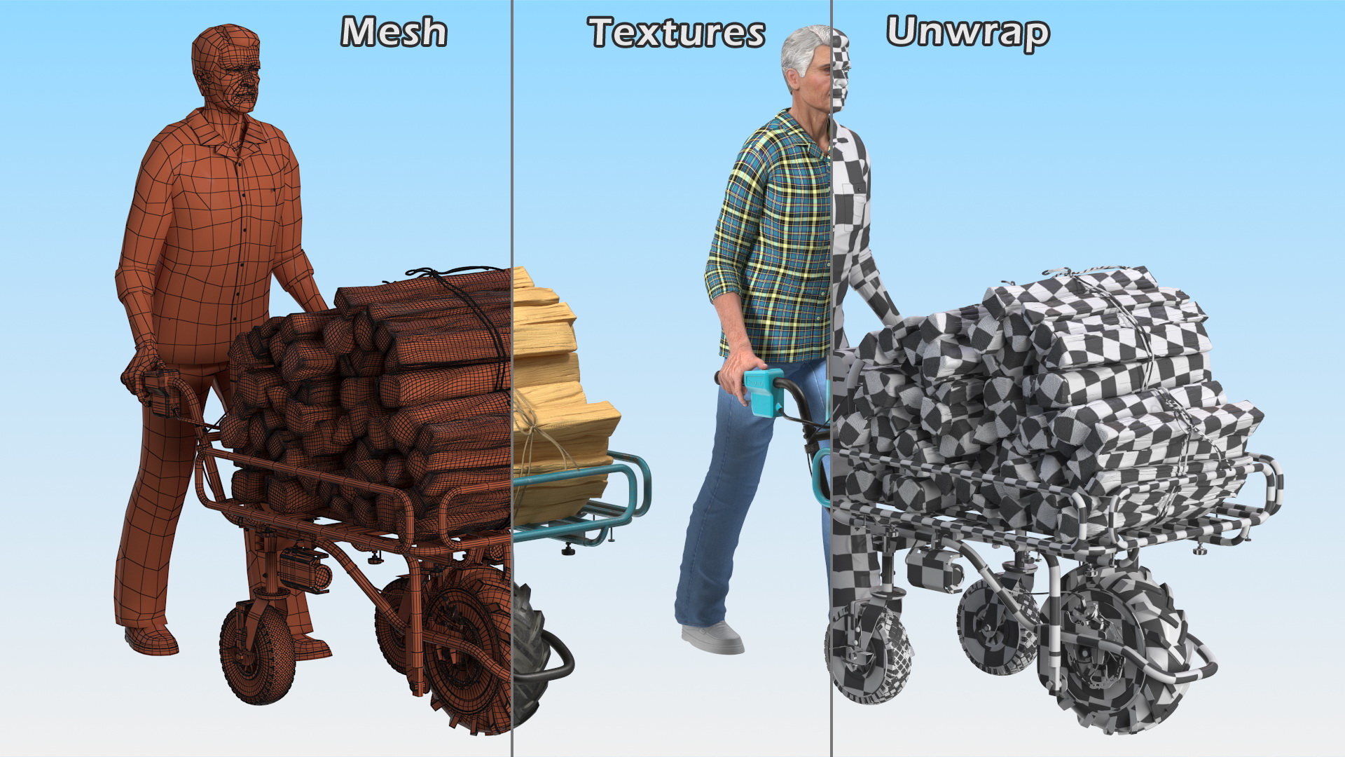 3D Elderly Man Makita DCU180ZF Electric Wheelbarrow with Wood model