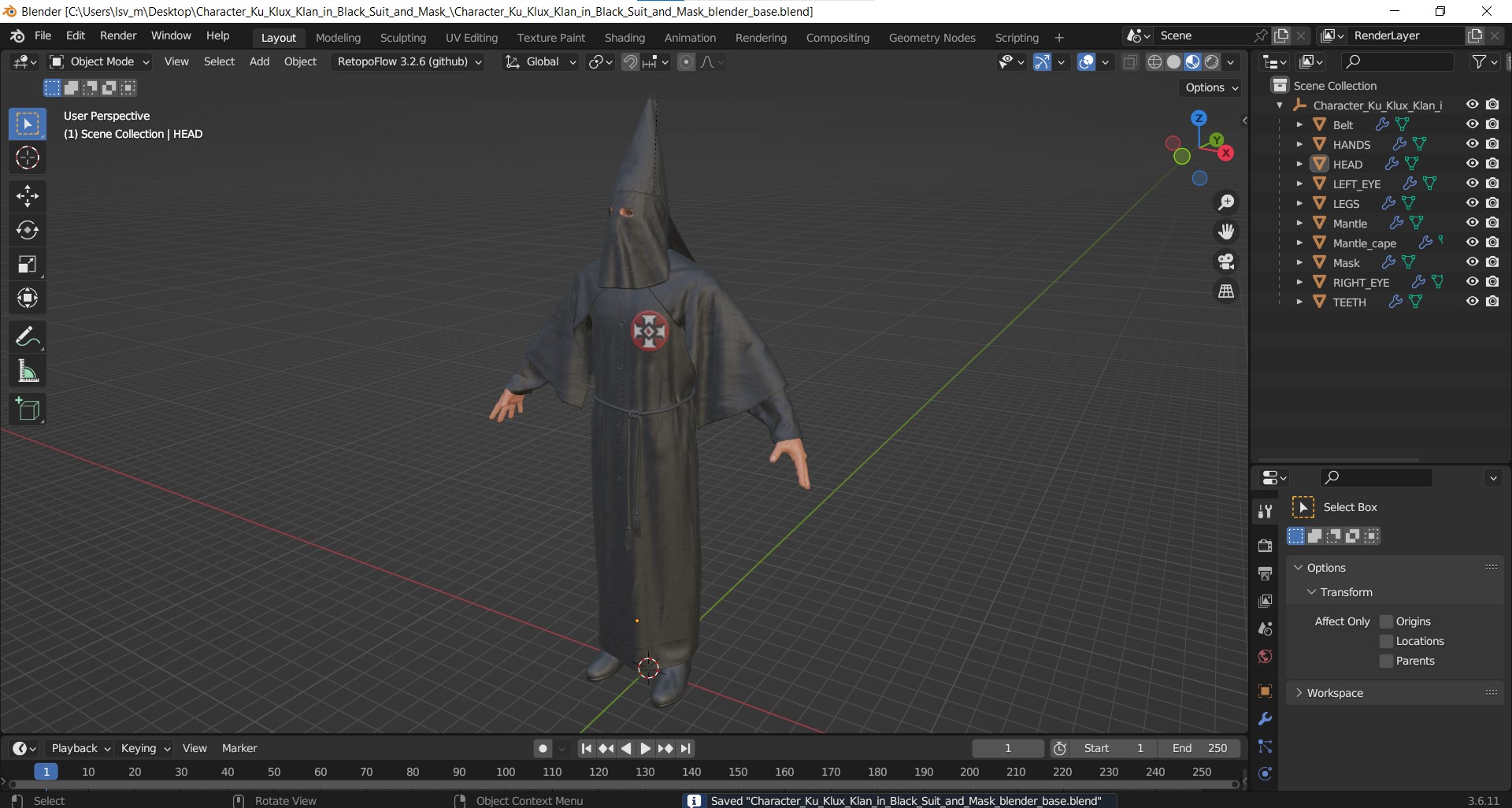 3D model Character Ku Klux Klan in Black Suit and Mask