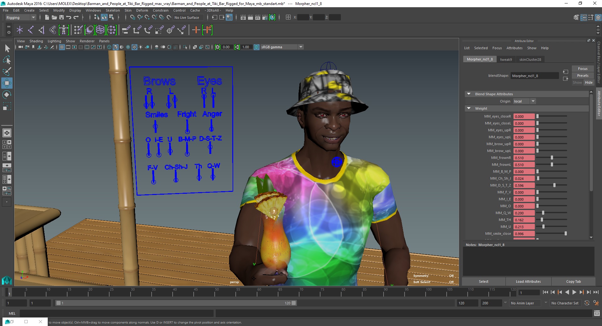 3D model Barman and People at Tiki Bar Rigged for Maya