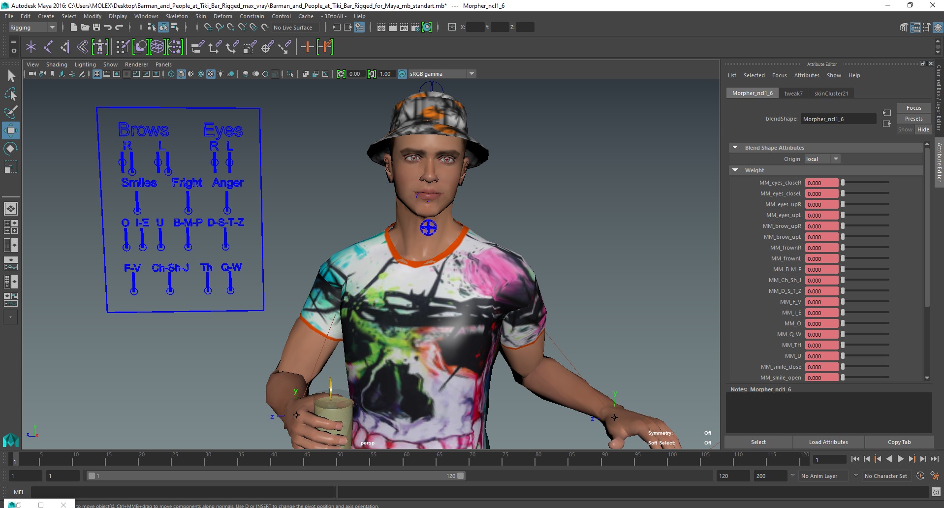 3D model Barman and People at Tiki Bar Rigged for Maya