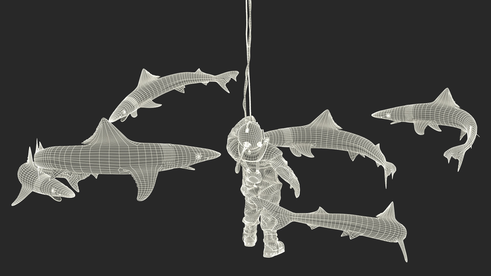 3D Retro Diving Gear Surrounded by Sharks model