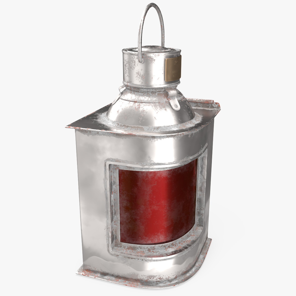 3D Antique Silver Ship Lantern with Red Glass Old