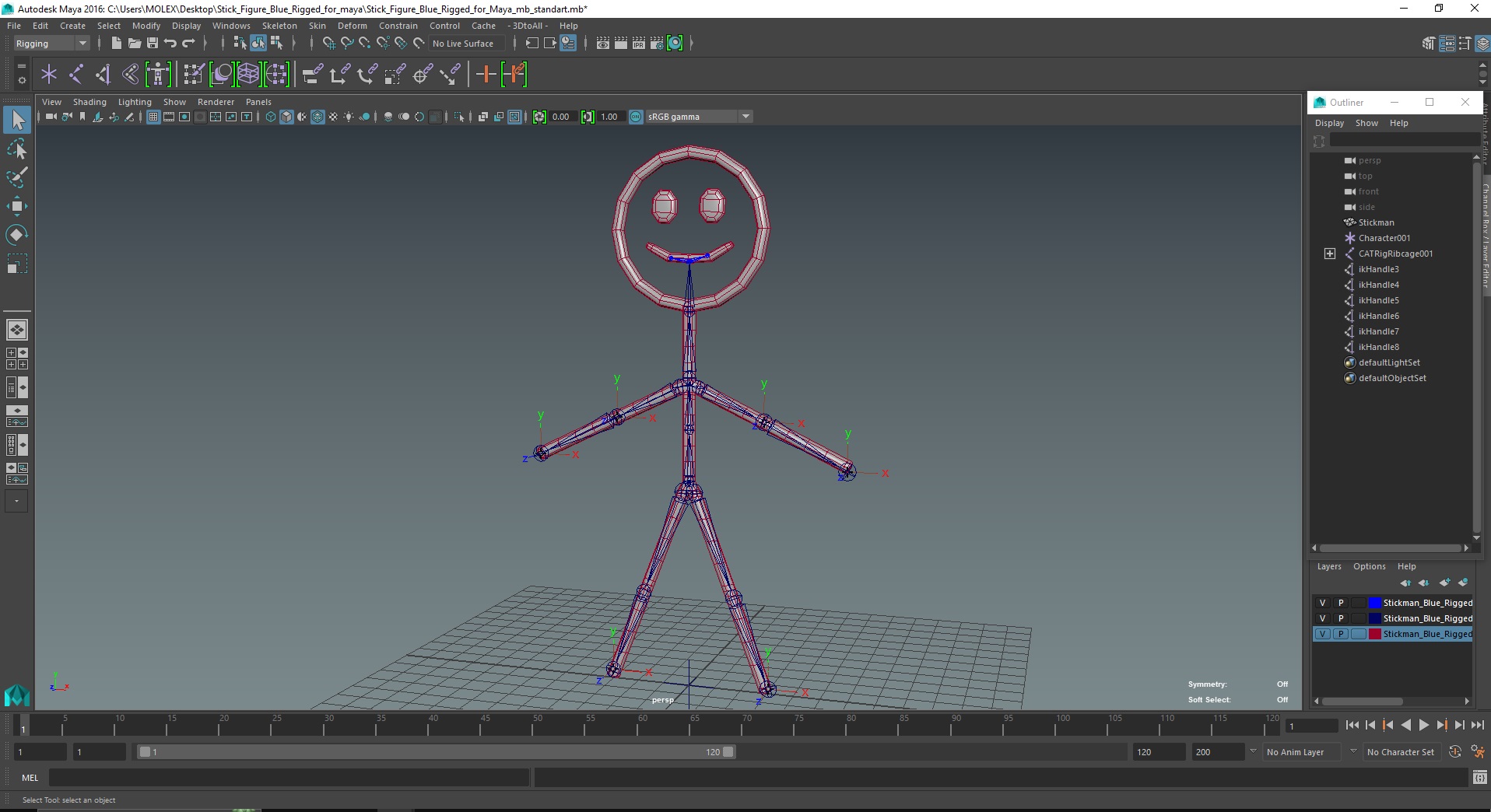 3D Stick Figure Blue Rigged for Maya model