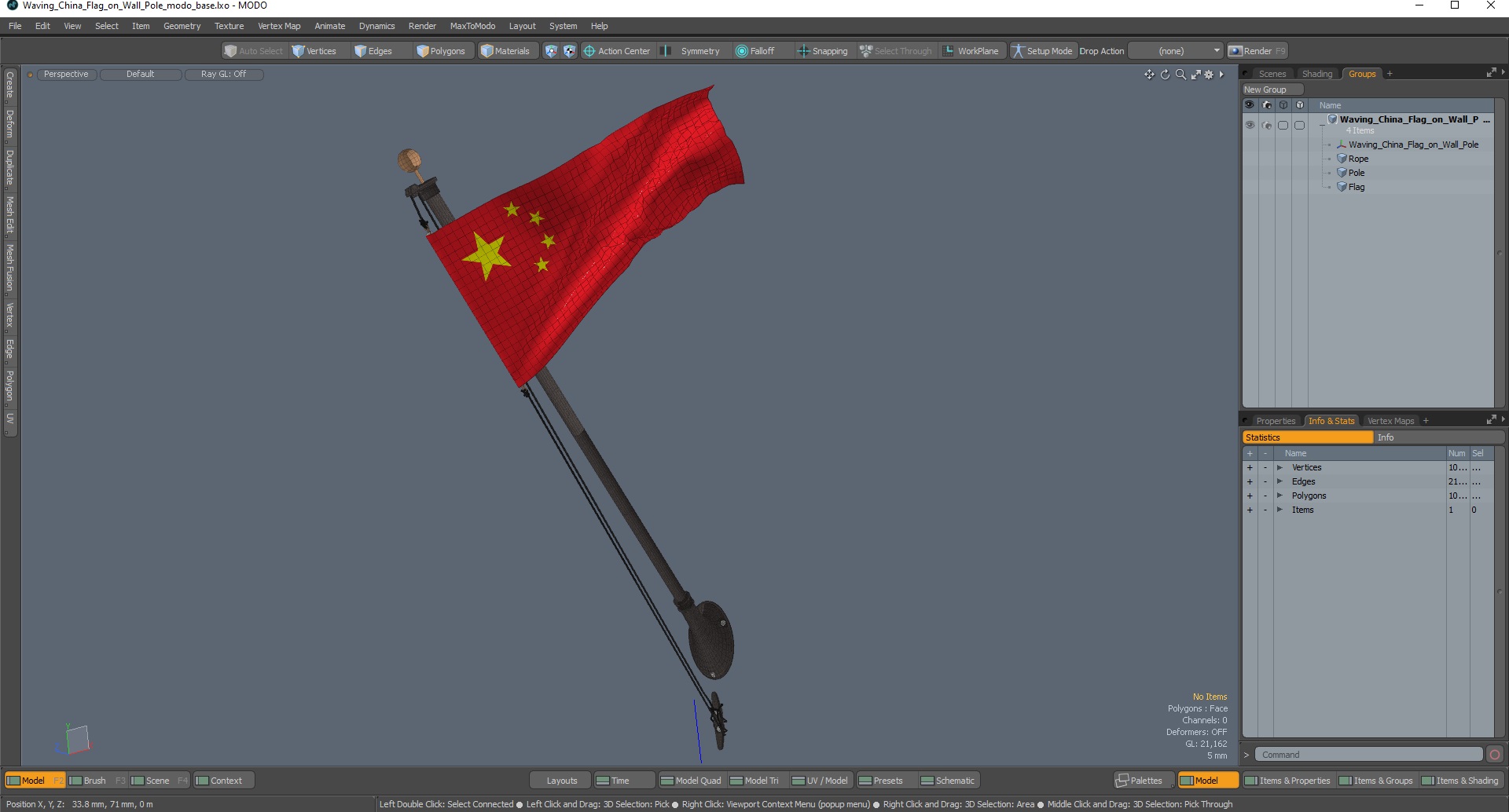 3D model Waving China Flag on Wall Pole