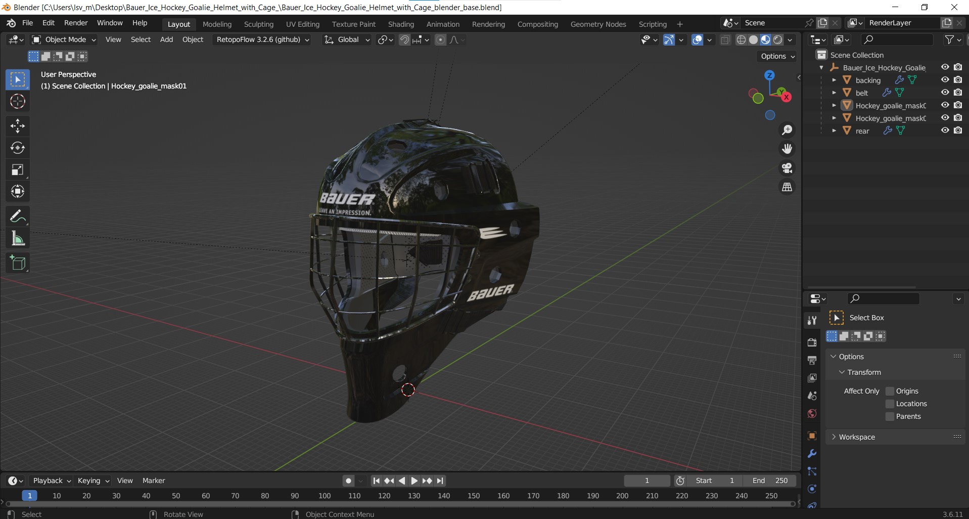 3D model Bauer Ice Hockey Goalie Helmet with Cage