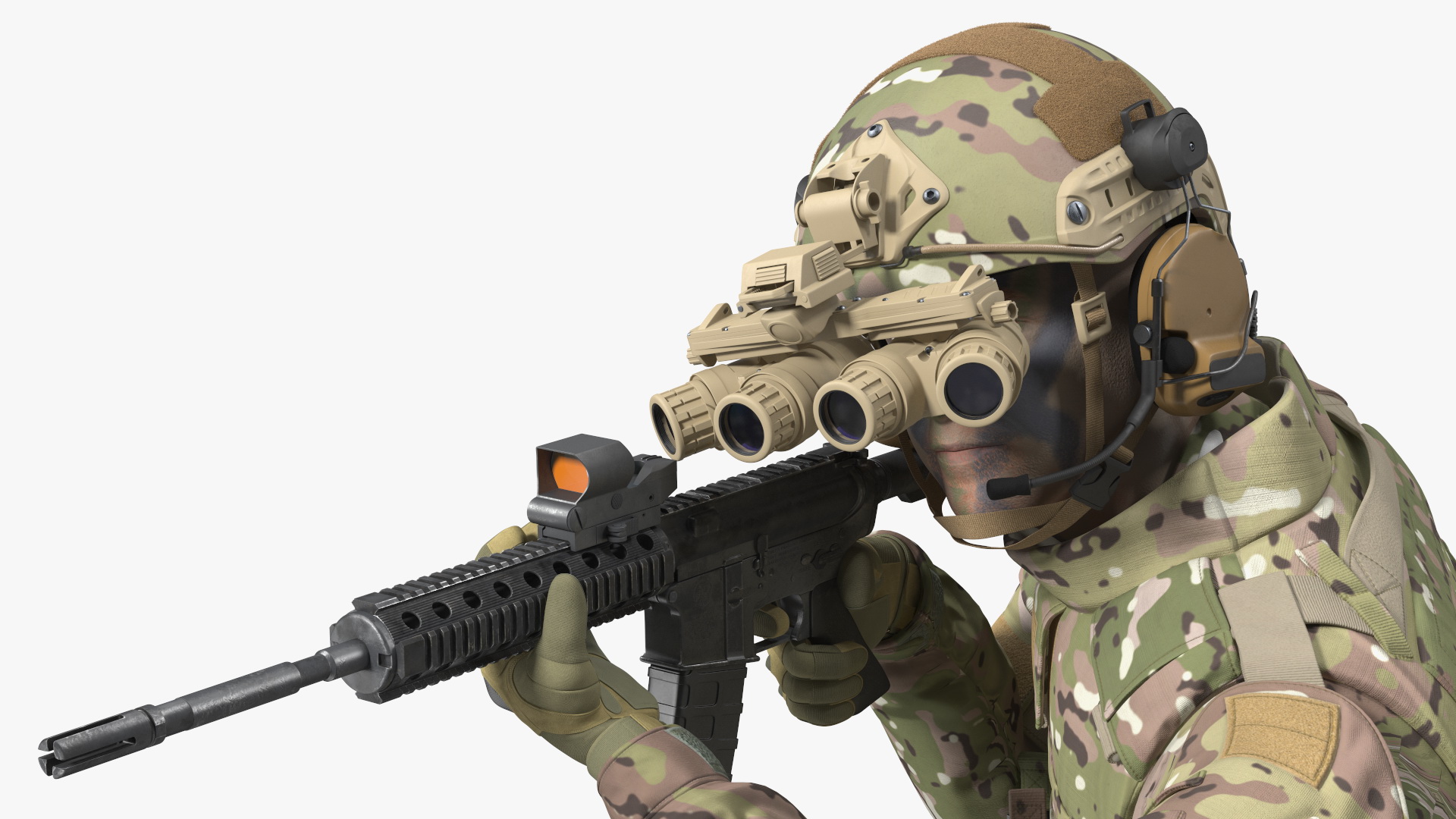 3D model Soldier in Green Camo with Night Vision Aiming Fur