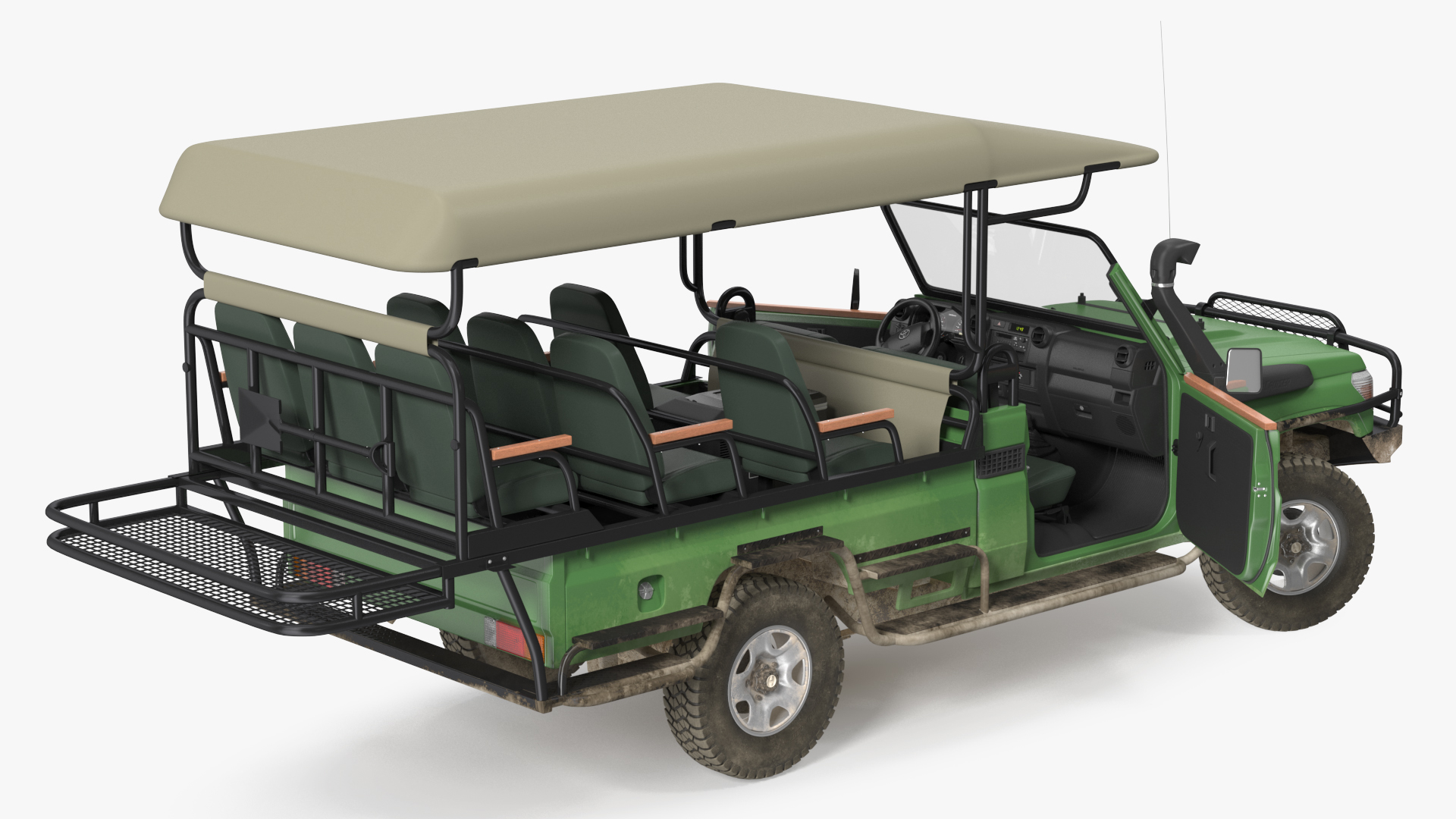 3D Toyota Land Cruiser Safari Open Sided Green Dirty Rigged