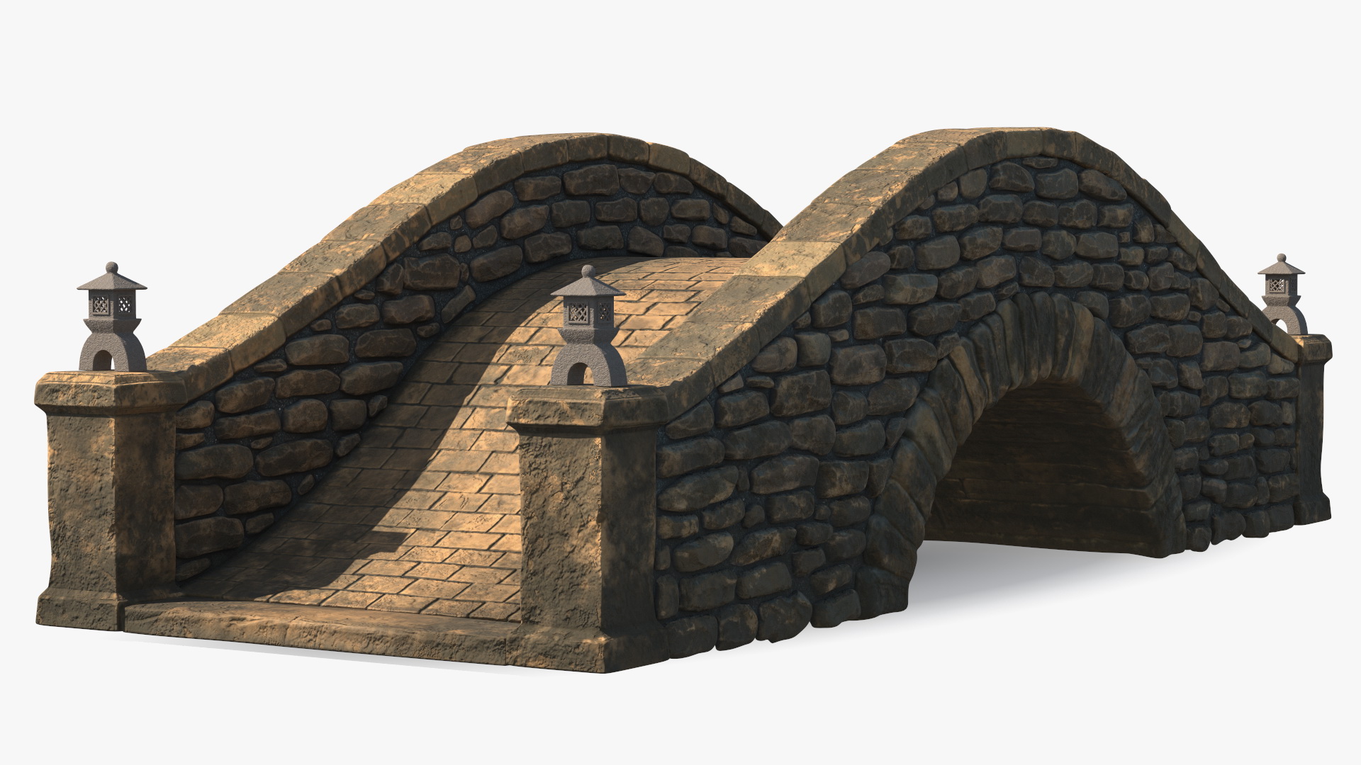 3D Stone Arch Bridge with Lanterns