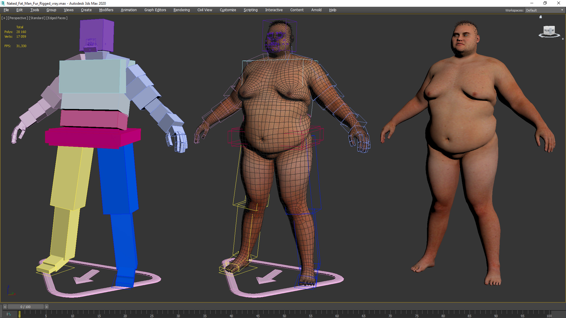 Naked Fat Man Fur Rigged 3D model