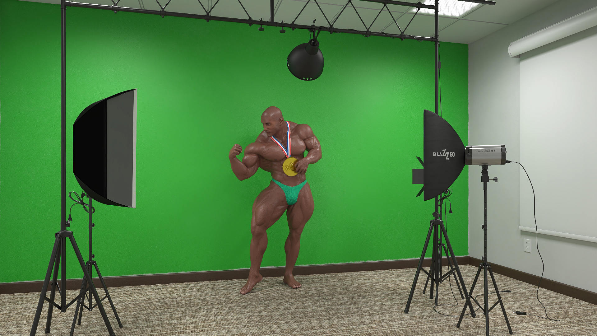 3D Bodybuilder Champion Posing in Studio Setup model