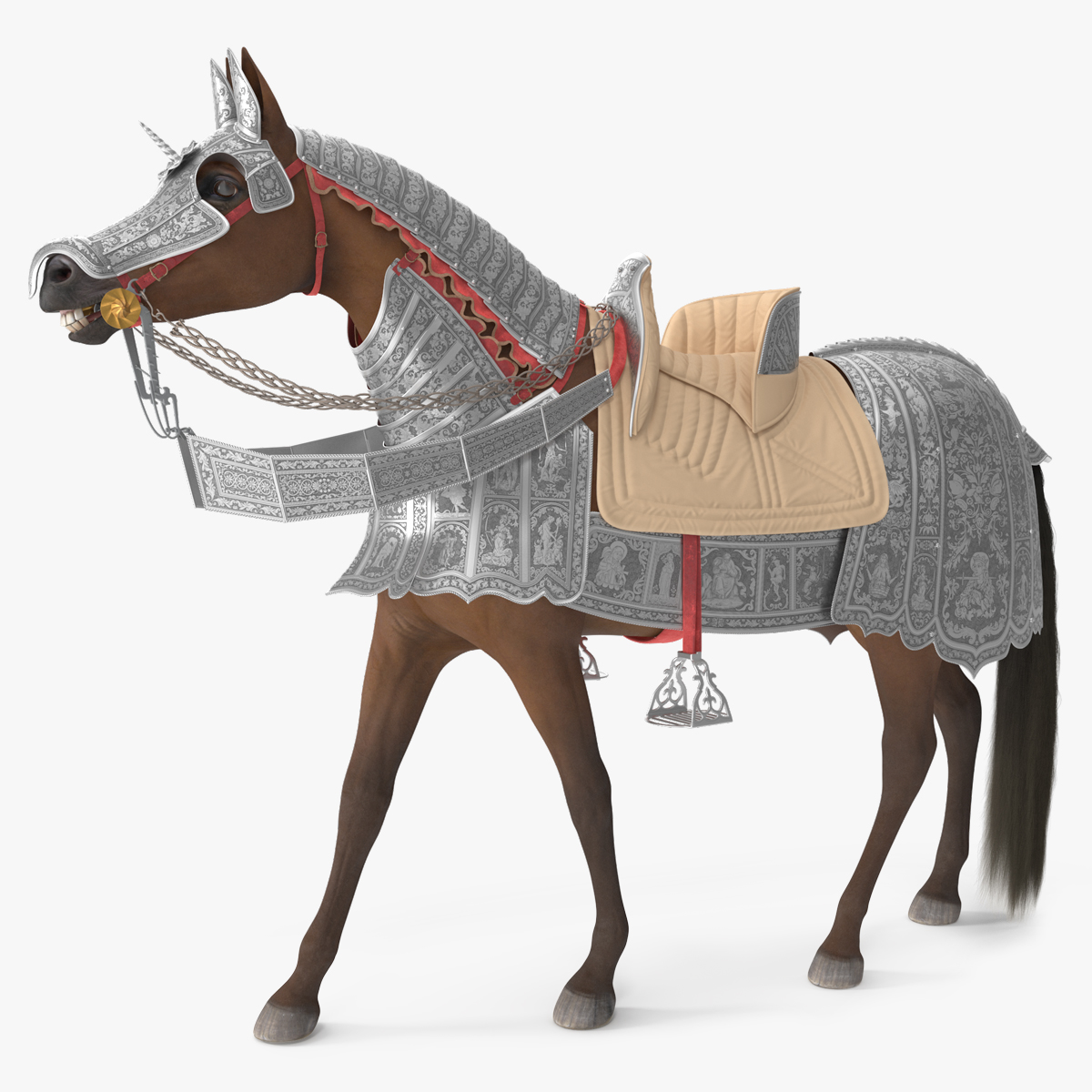 3D Medieval Armored Warhorse Fur Rigged