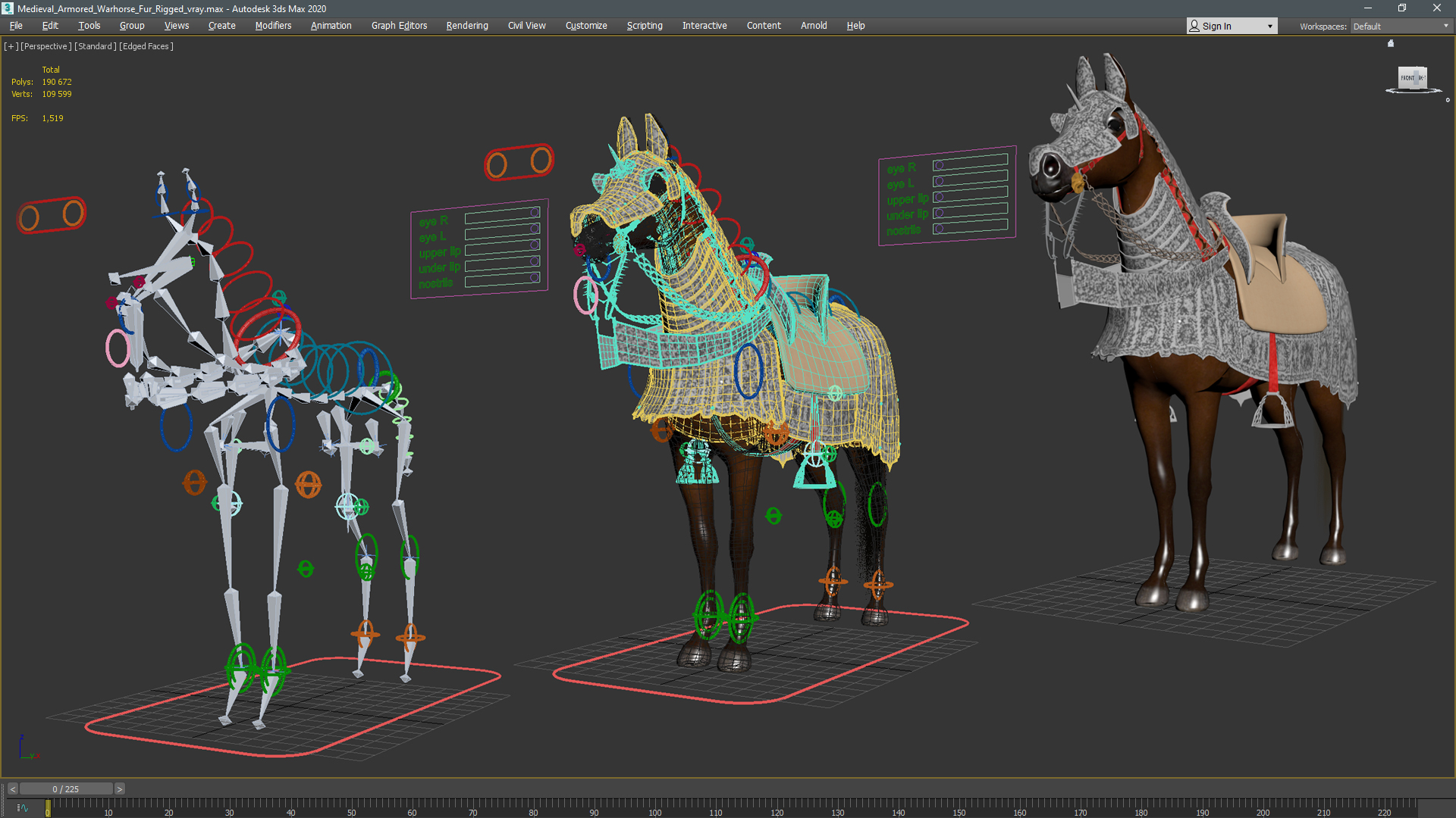 3D Medieval Armored Warhorse Fur Rigged