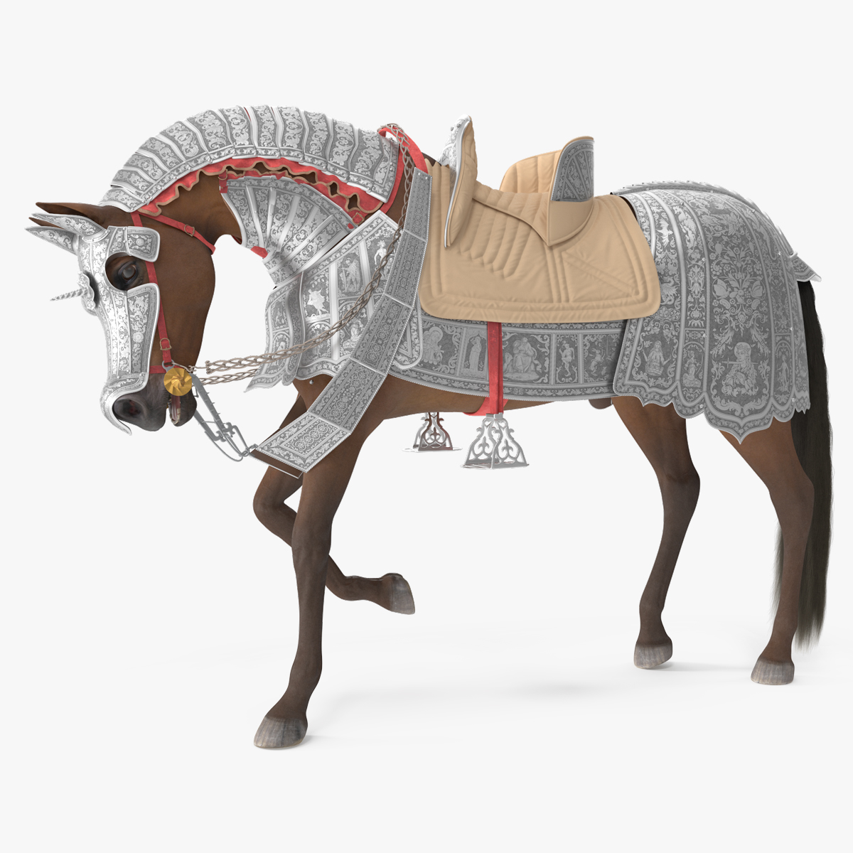 3D Medieval Armored Warhorse Fur Rigged