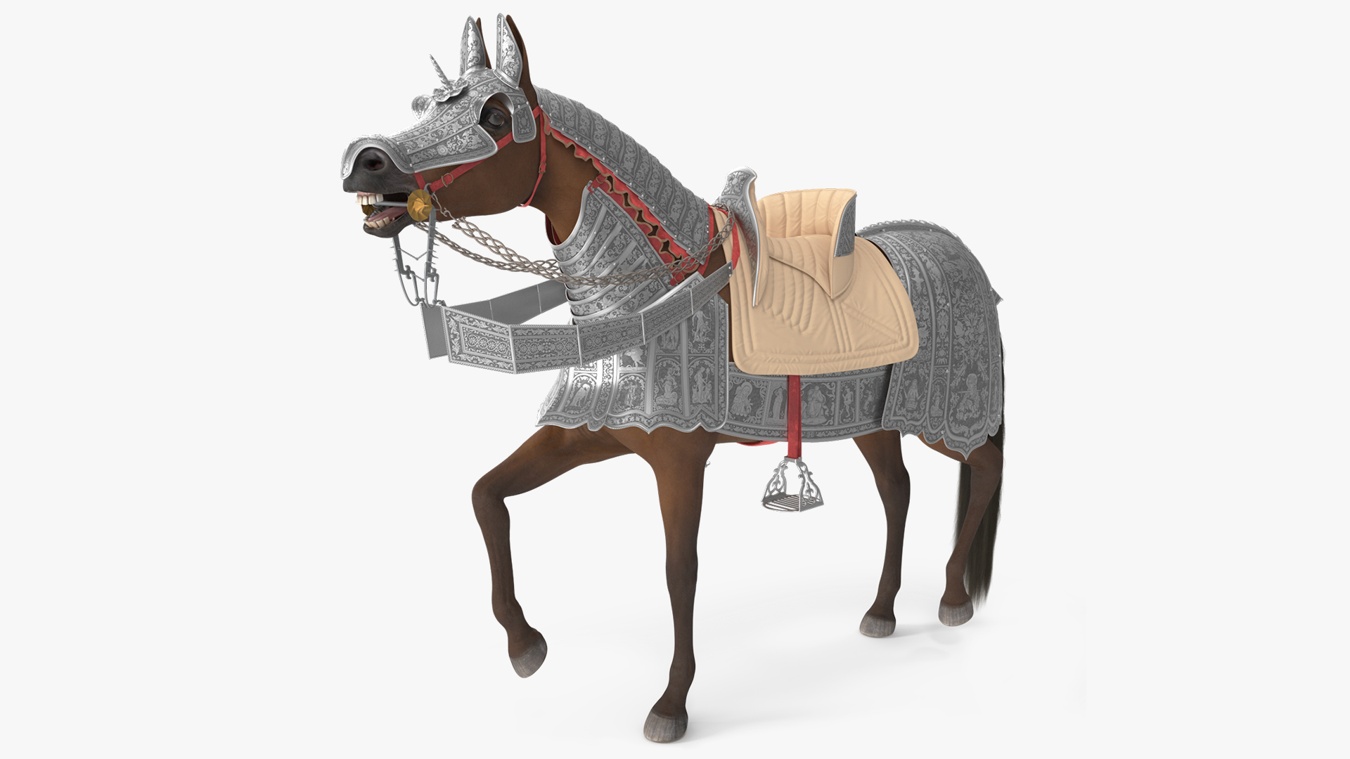 3D Medieval Armored Warhorse Fur Rigged