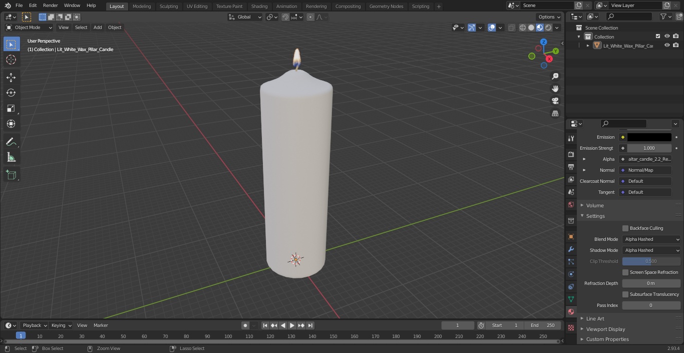 Lit White Wax Pillar Candle 3D