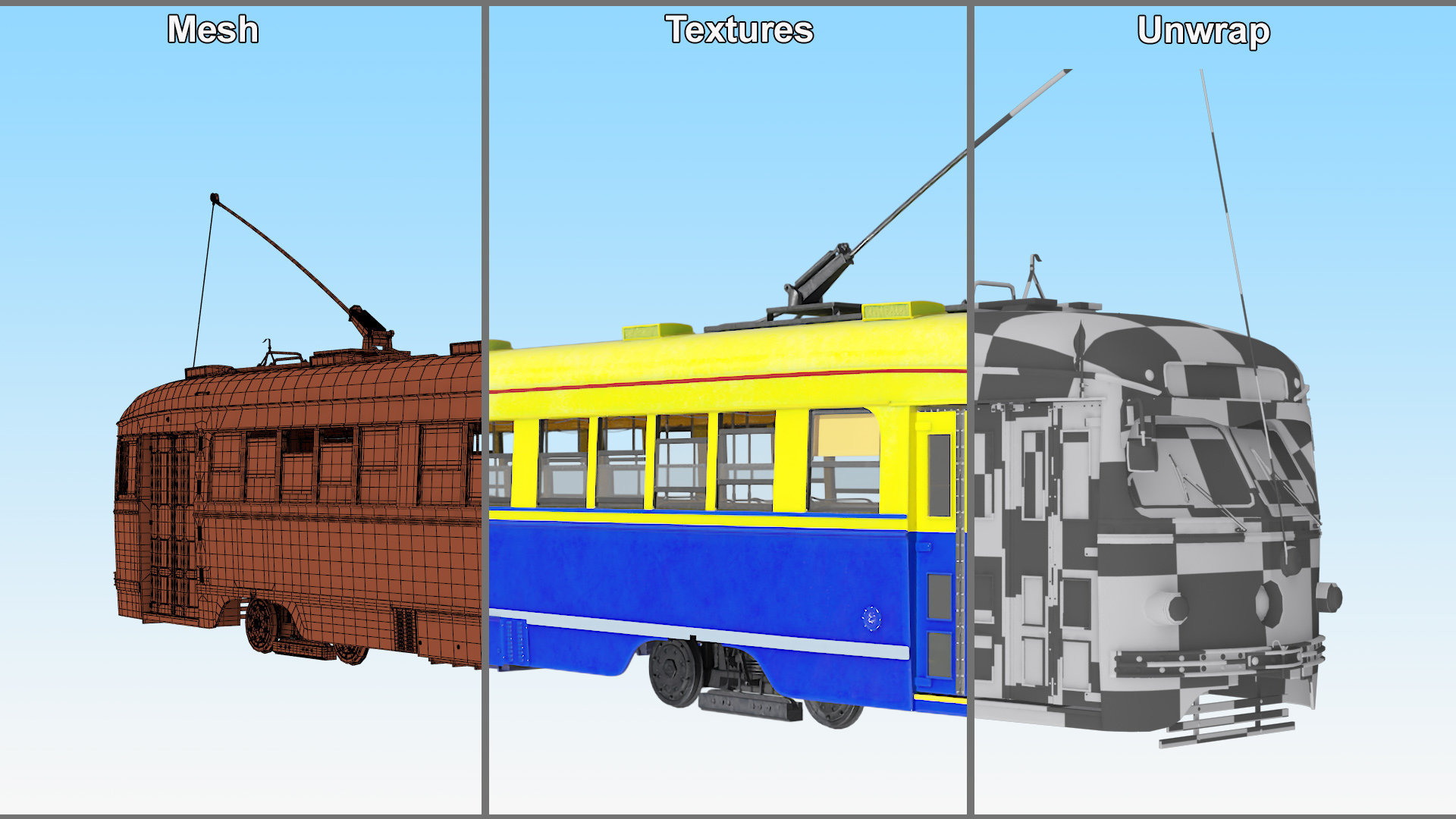 Old Tram Yellow Blue Rigged 3D