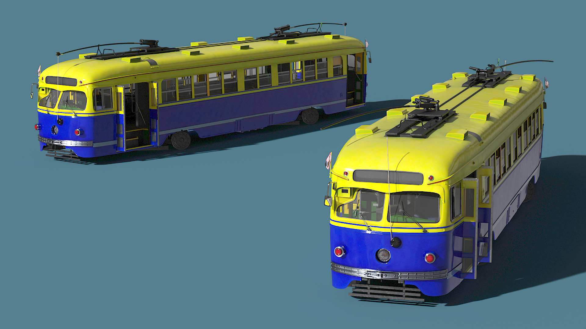 Old Tram Yellow Blue Rigged 3D