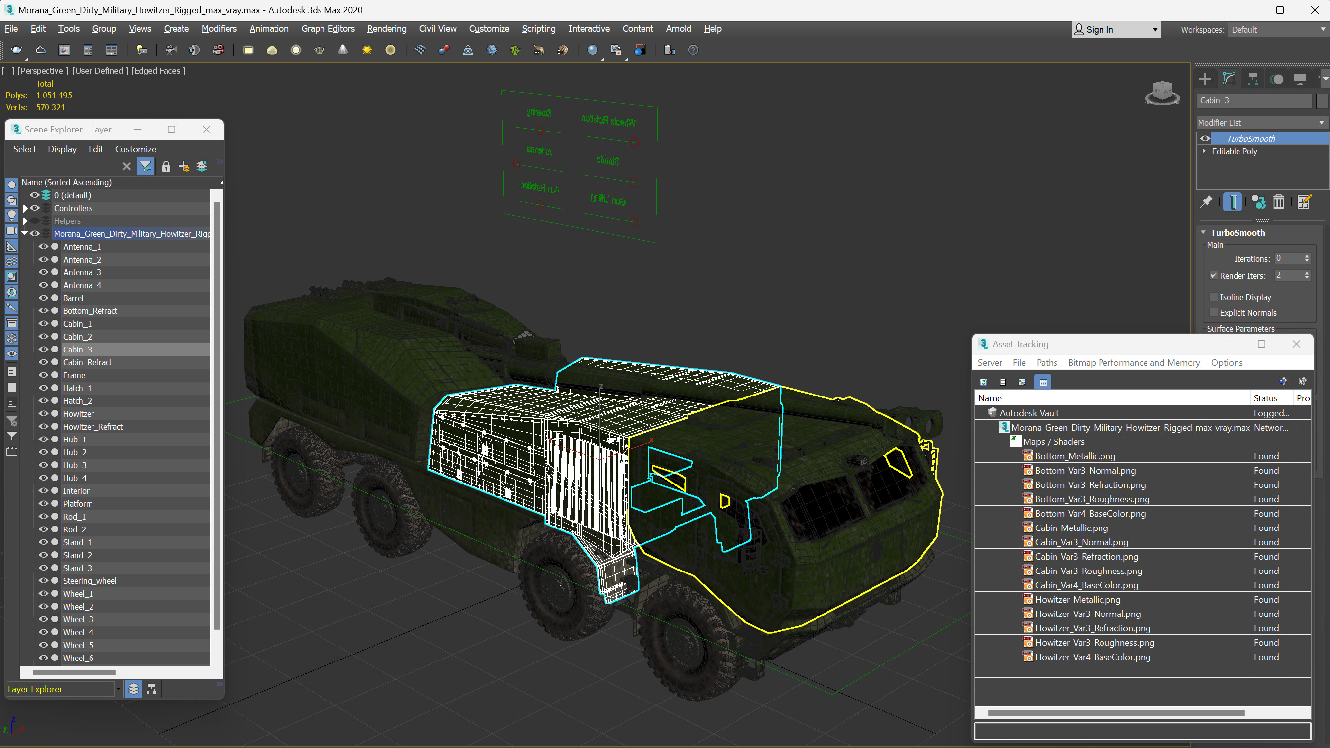 3D Morana Green Dirty Military Howitzer Rigged model